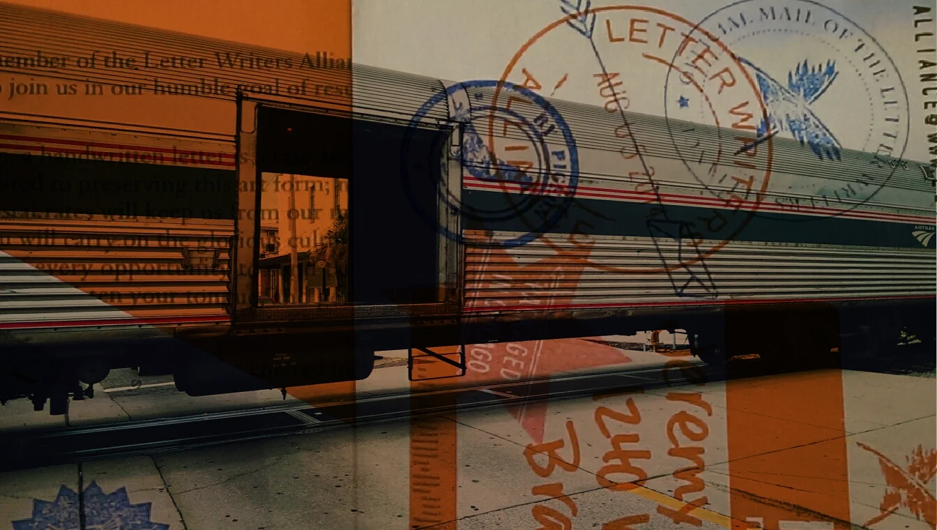 A two-photo blend. One of the Amtrak train passing through Ybor City in Tampa, Florida. One of The Writer's Alliance paraphernalia I received in the mail today. Both shot with my HTC One (M7) phone and combined in the Photo Blender app for Android.