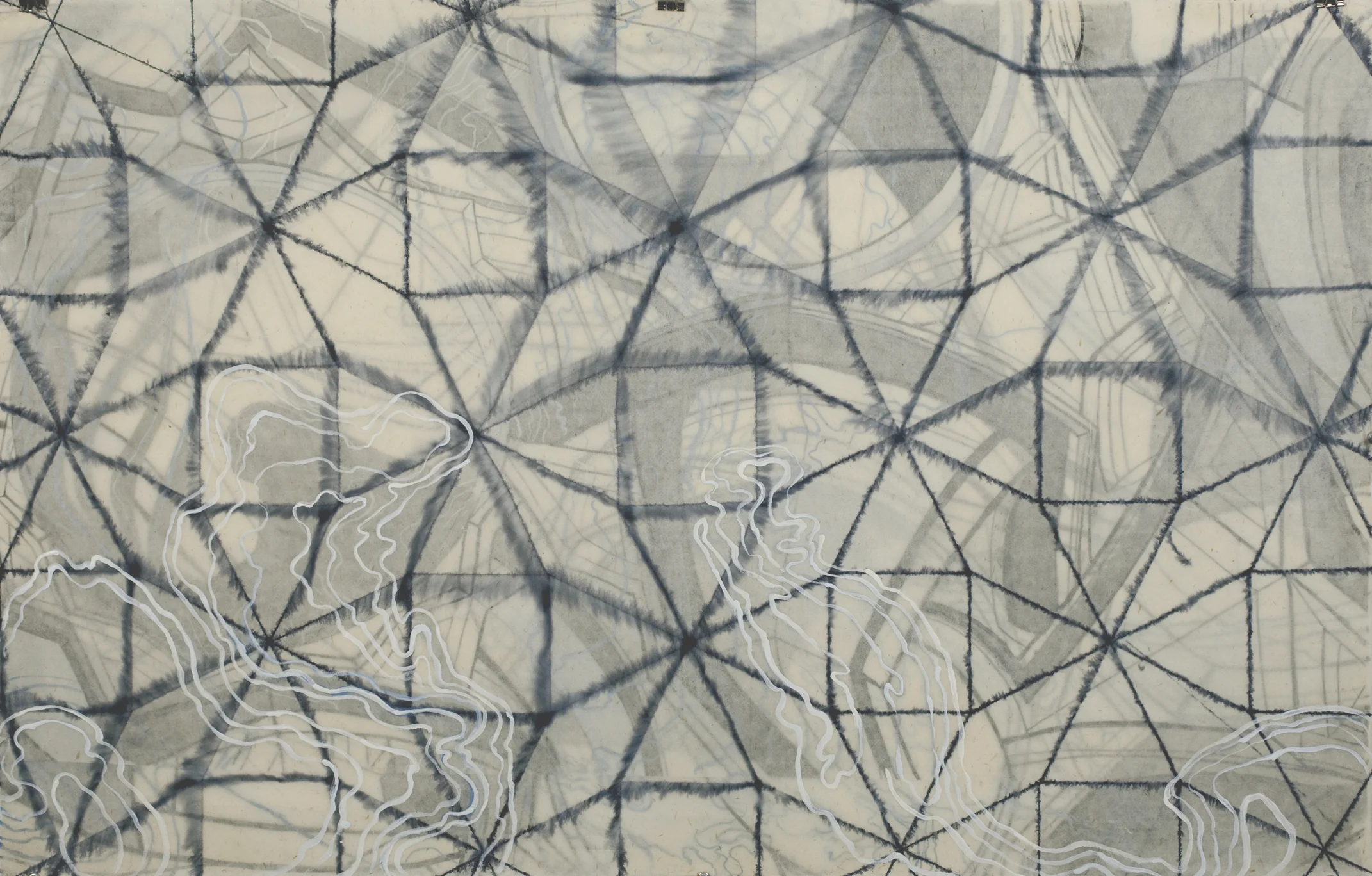 Bibigeo, 2012 Oil paint, calligraphy ink, wax on kozo shi, in three layers 25” X 39.25"