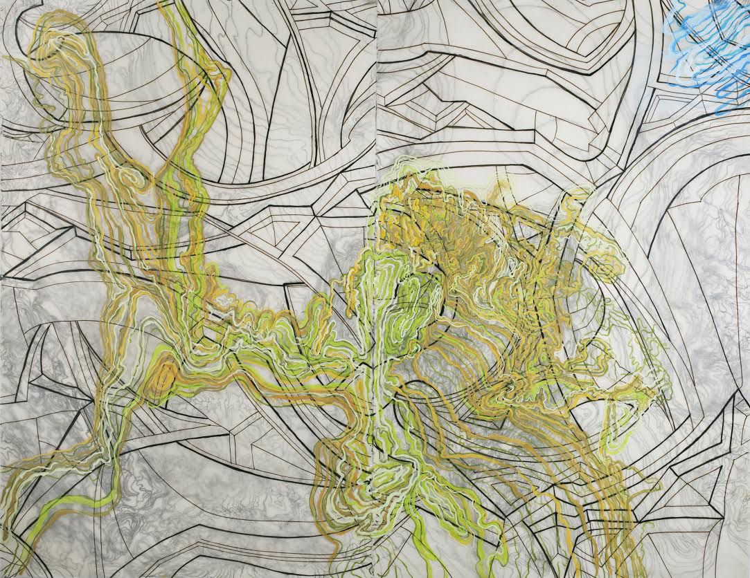    French Curve I, &nbsp;2011   Oil paint,&nbsp;wax,&nbsp;kozo shi paper, ink, in two layers   38.5” X 48.5"  