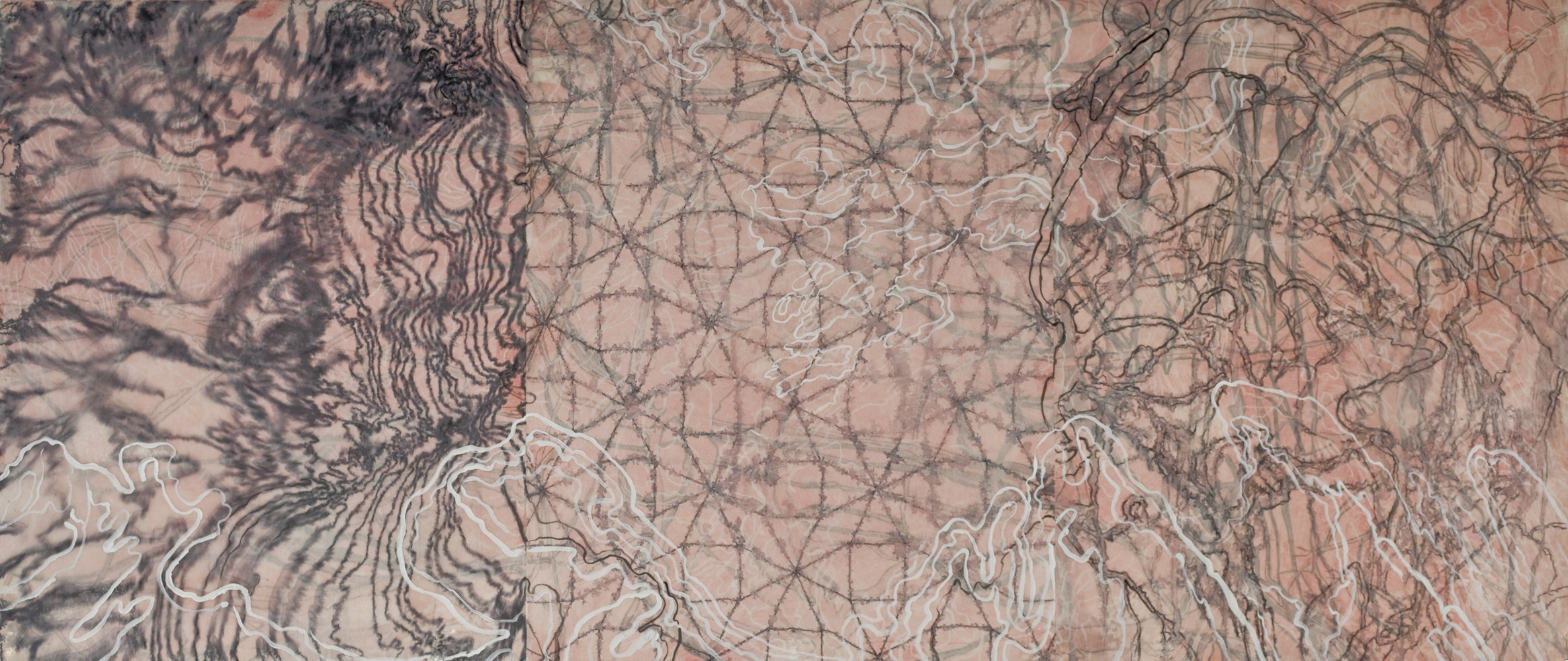 Rosebibi, 2012 Oil paint, calligraphy ink, wax on kozo shi, in two layers 24.5” X 57.25"