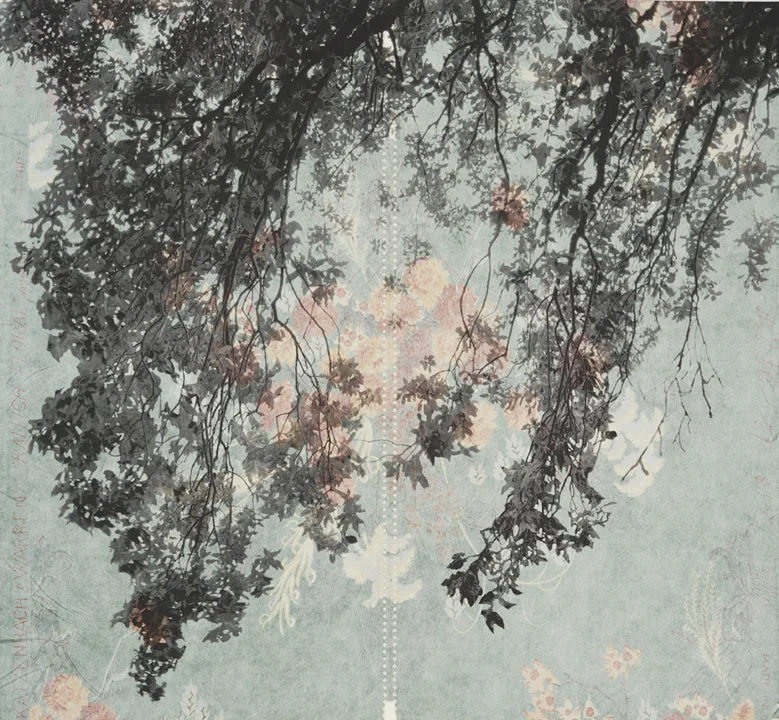 Branches and Boughs VII, 2009 Archival digital pigment print on kozo shi, vintage wallpaper 20” X 21.5”