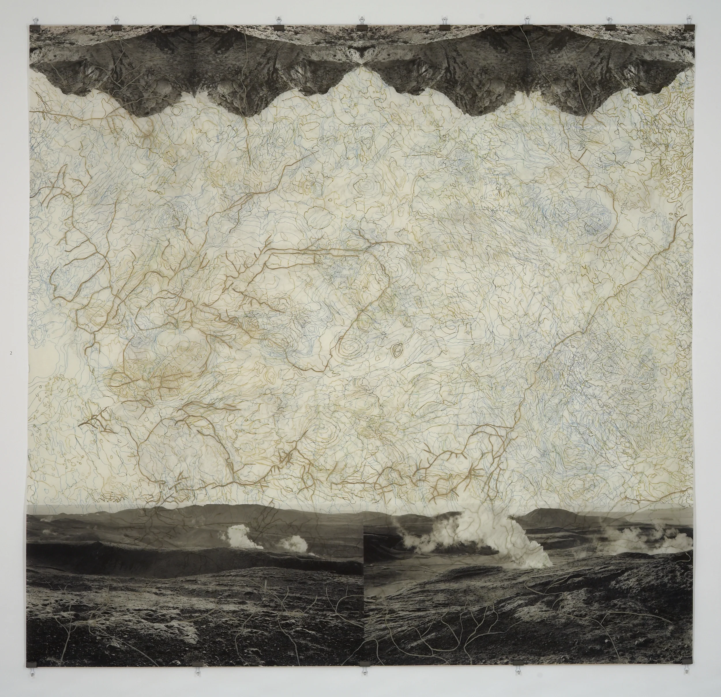Geothermal Topography II, 2007 Photogravure on kozo shi, digital pigment print, oil paint and wax in layers 79.5” X 82.5"