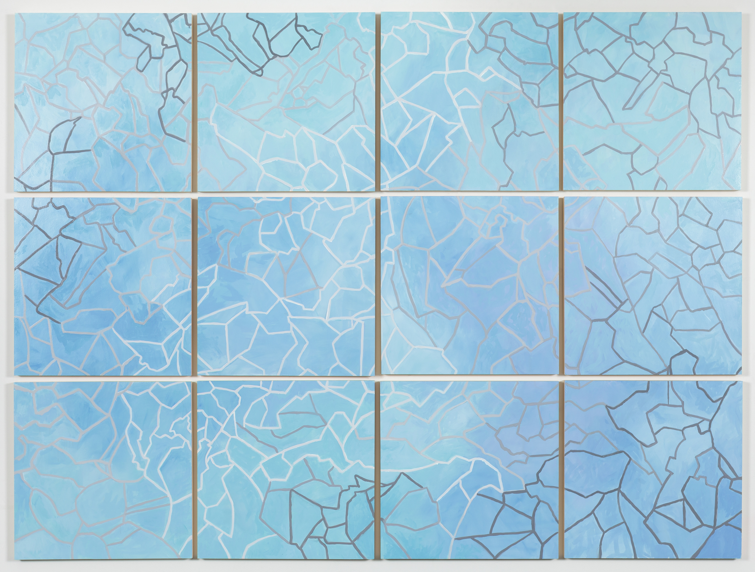    Grid VI, &nbsp;2015   Oil on paper mounted on panel, 12&nbsp;- 18" X 18" panels   55” X 74"  