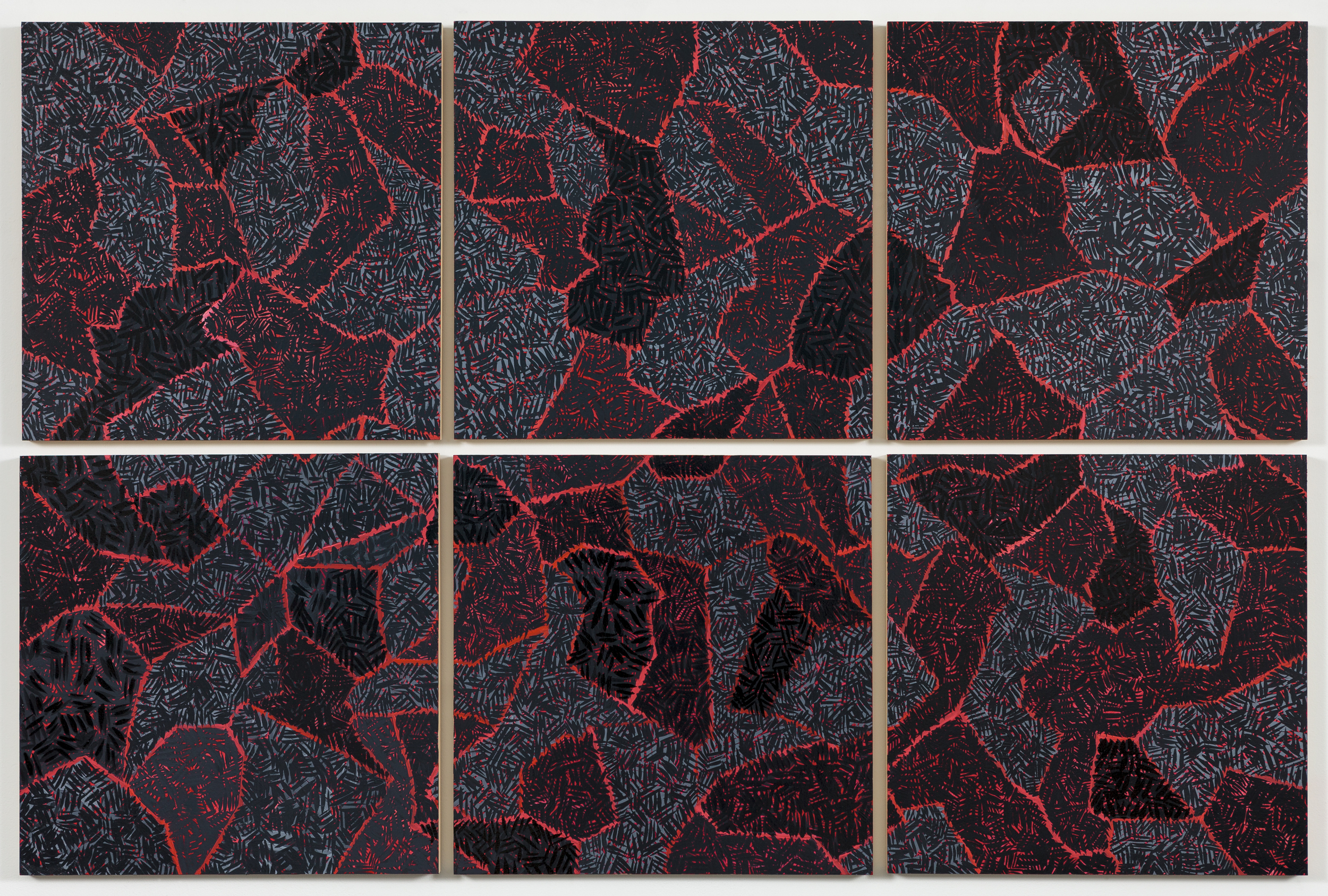    Grid V, &nbsp;2015   Oil on paper mounted on panel, 6&nbsp;- 18"&nbsp;X 18" panels   37” X 55"  