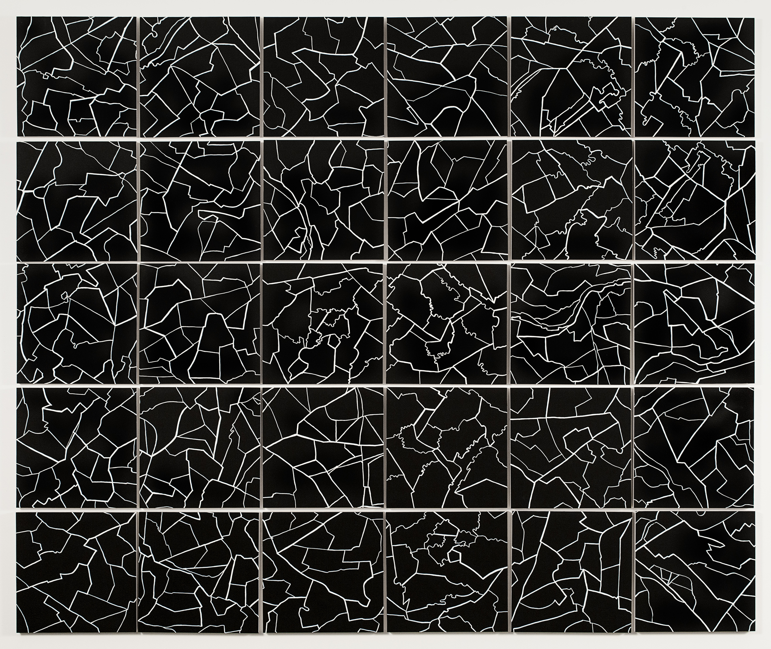    Grid II, &nbsp;2015   Gouache on paper mounted on panel, 30 - 12" X 12" panels   62.5” X 75"  