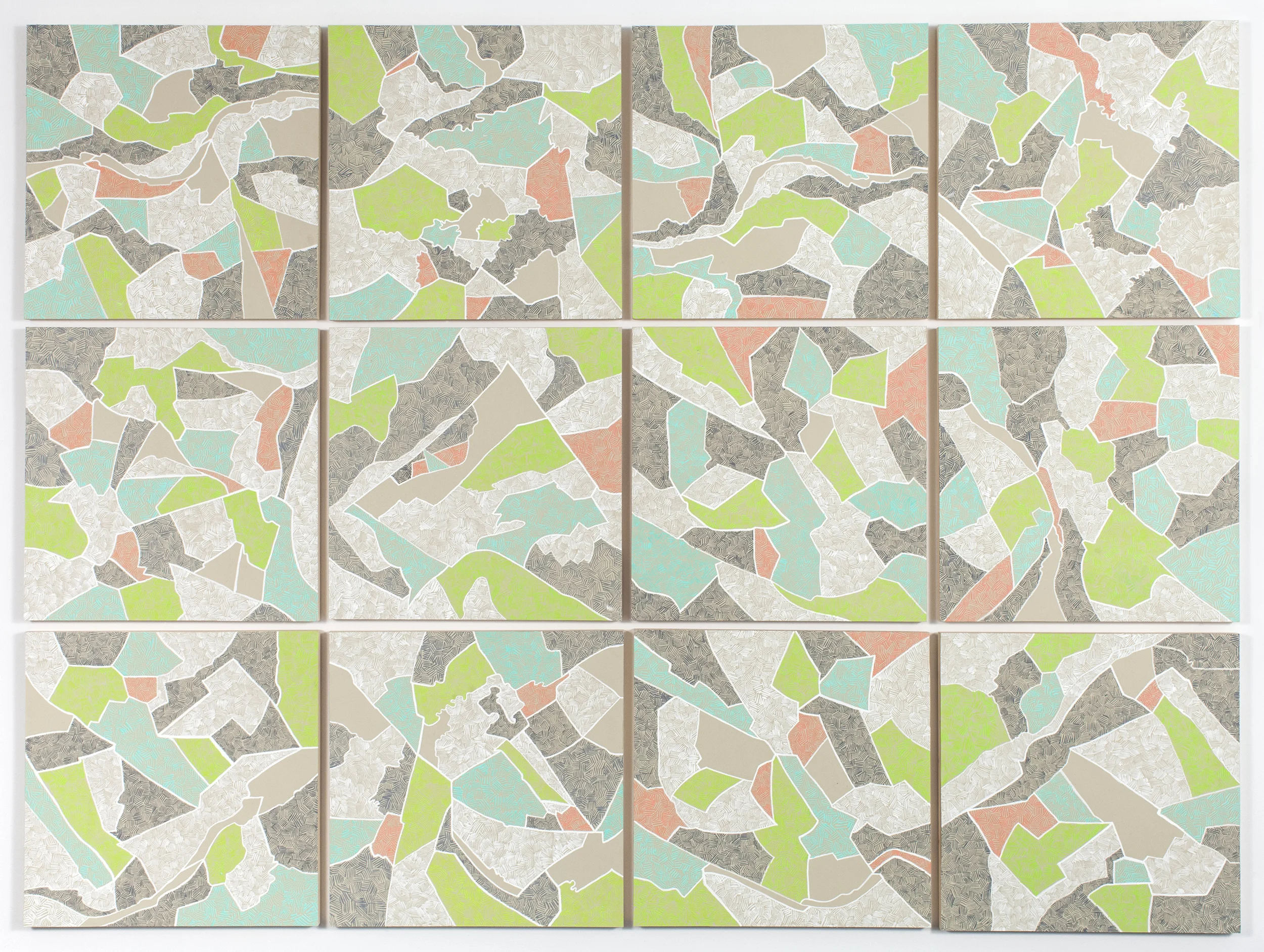 Grid III, 2015 Gouache on paper mounted on panel, 12 - 16" X 16" panels 49” X 66"