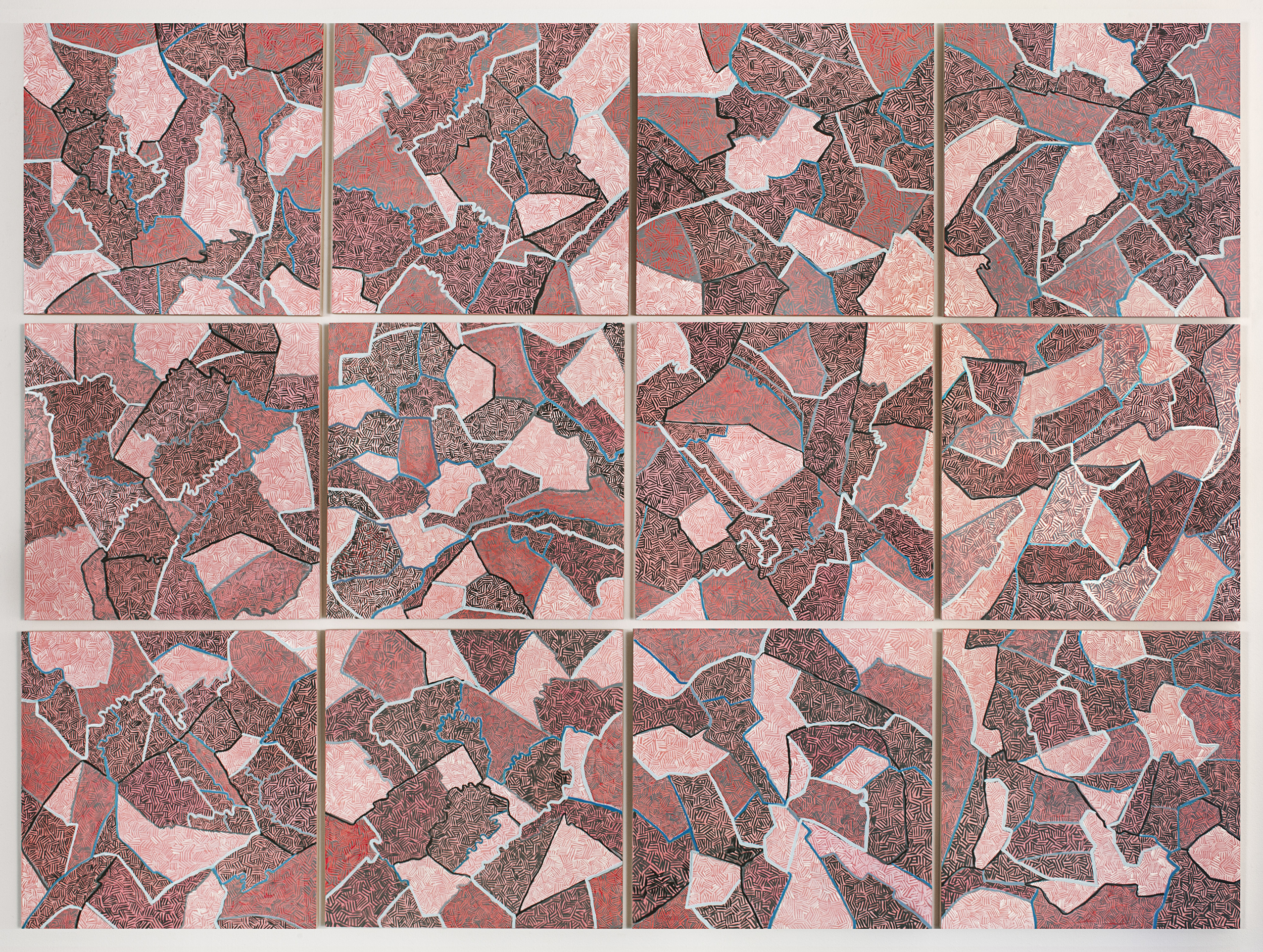    Grid IV, &nbsp;2015   Oil on paper mounted on panel, 12&nbsp;- 16" X 16"&nbsp;panels   49” X 66"  