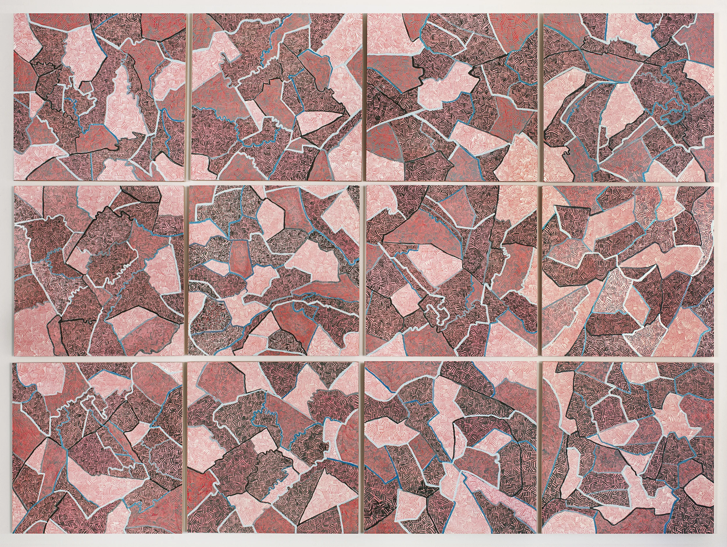 Grid IV, 2015 Oil on paper mounted on panel, 12 - 16" X 16" panels 49” X 66"