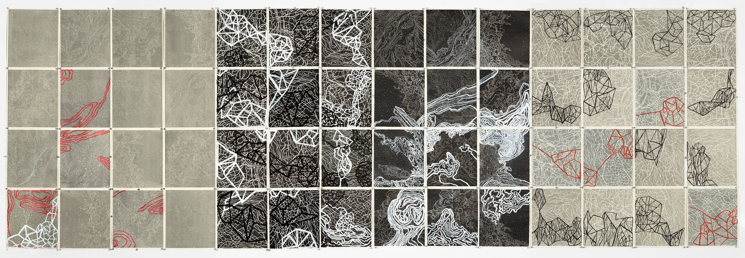    Quasars and Pulsars I,    &nbsp;2 016  Intaglio sugar lift, line etching, surface roll, paint, 56 - 12.25" X 10.75" segments 50” X 150" 