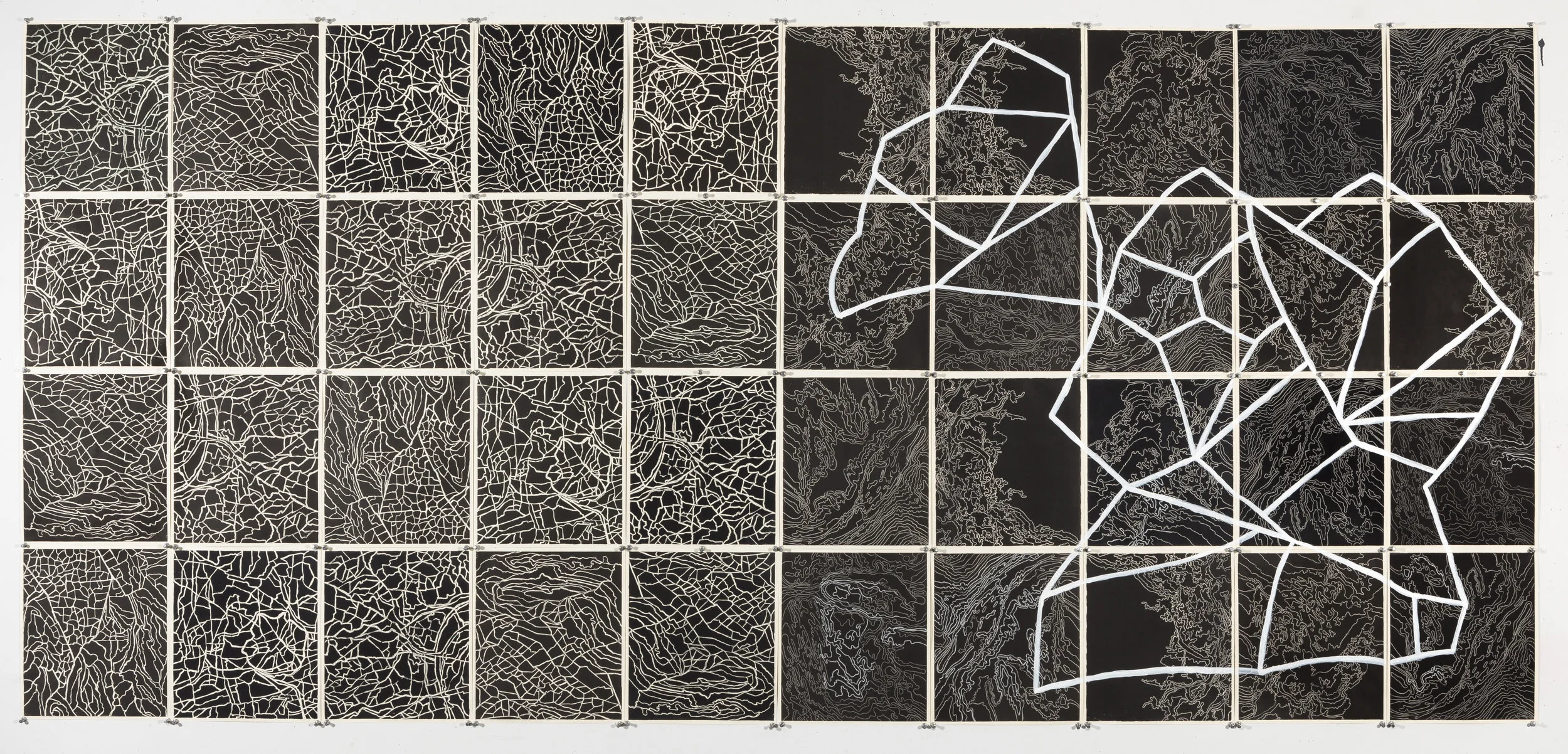 Quasars and Pulsars II, 2 016 Intaglio sugar lift, line etching, surface roll, paint, 40 - 12.25" X 10.75" segments 50” X 107.5"