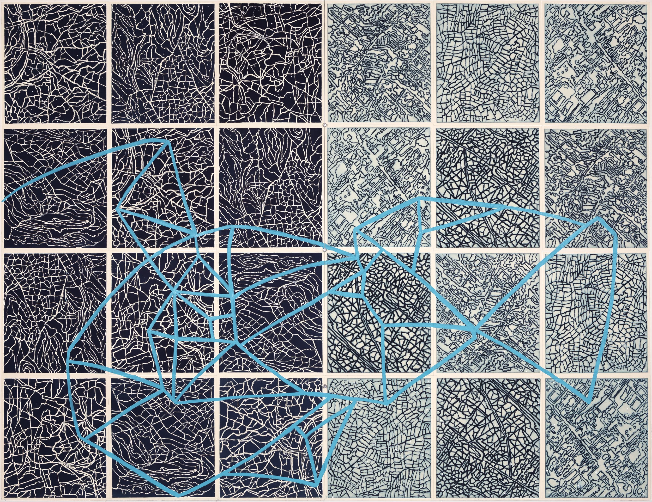 Artificial Horizon, 2017 Intaglio sugar lift, line etching, surface roll, paint, 24 - 12.25” x 10.75” segments, 50” x 65” 50” X 65"