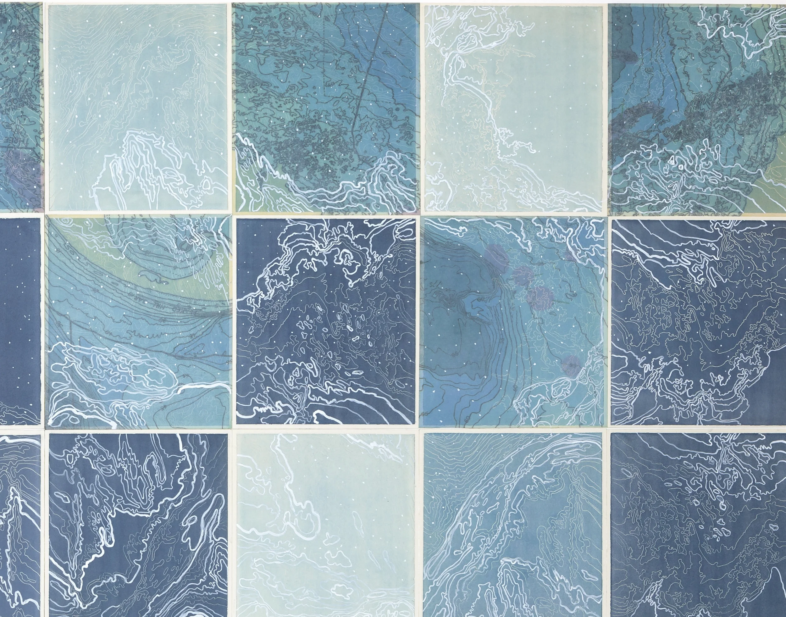 Celestial Navigation, 2 016 Detail - intaglio sugar lift, line etching, surface roll, digital map on kozo-shi, paint