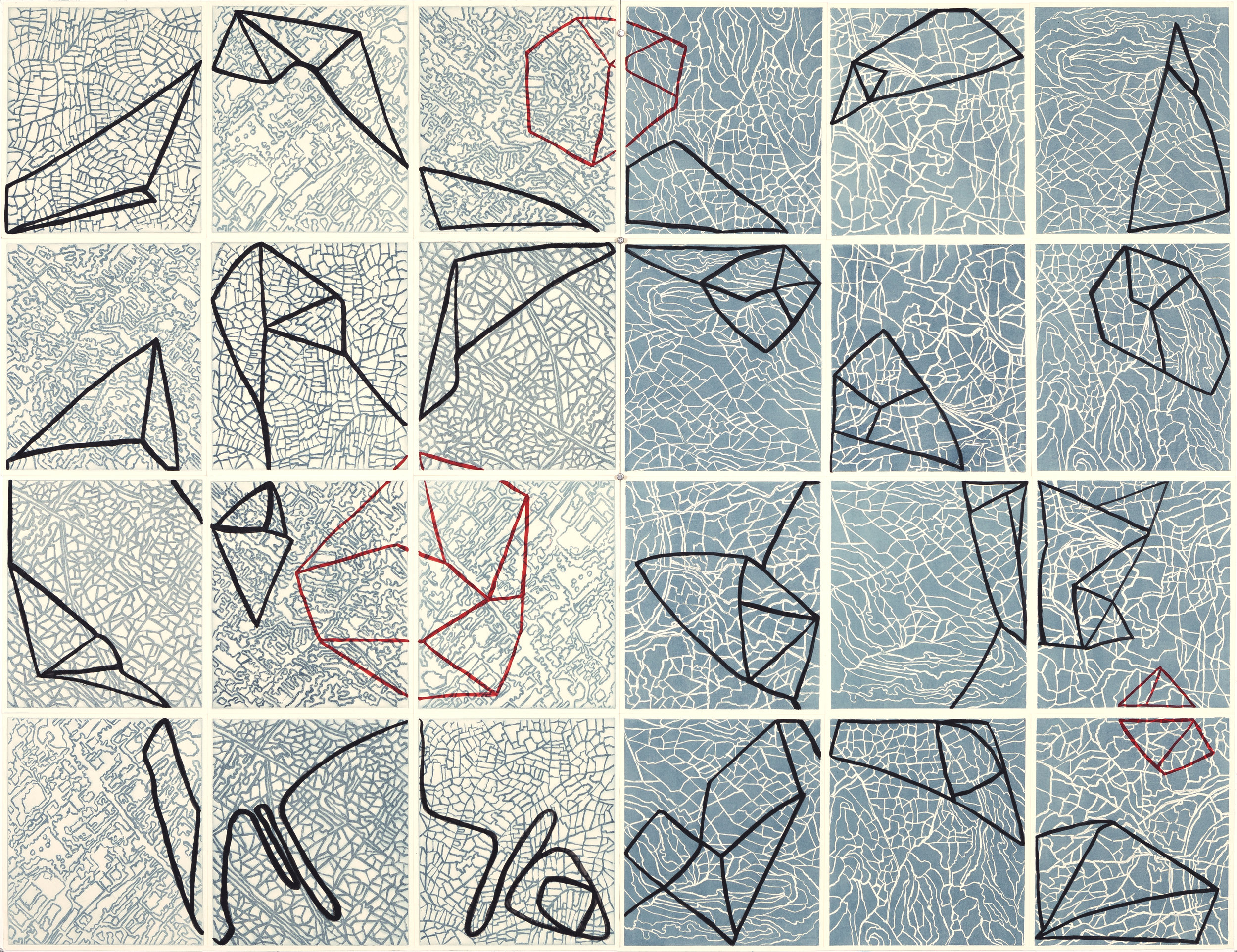    Connect the Dots,    &nbsp;2 017   Intaglio sugar lift, line etching, surface roll,&nbsp;paint,&nbsp;24 - 12.25” x 10.75” segments 50” X 65" 