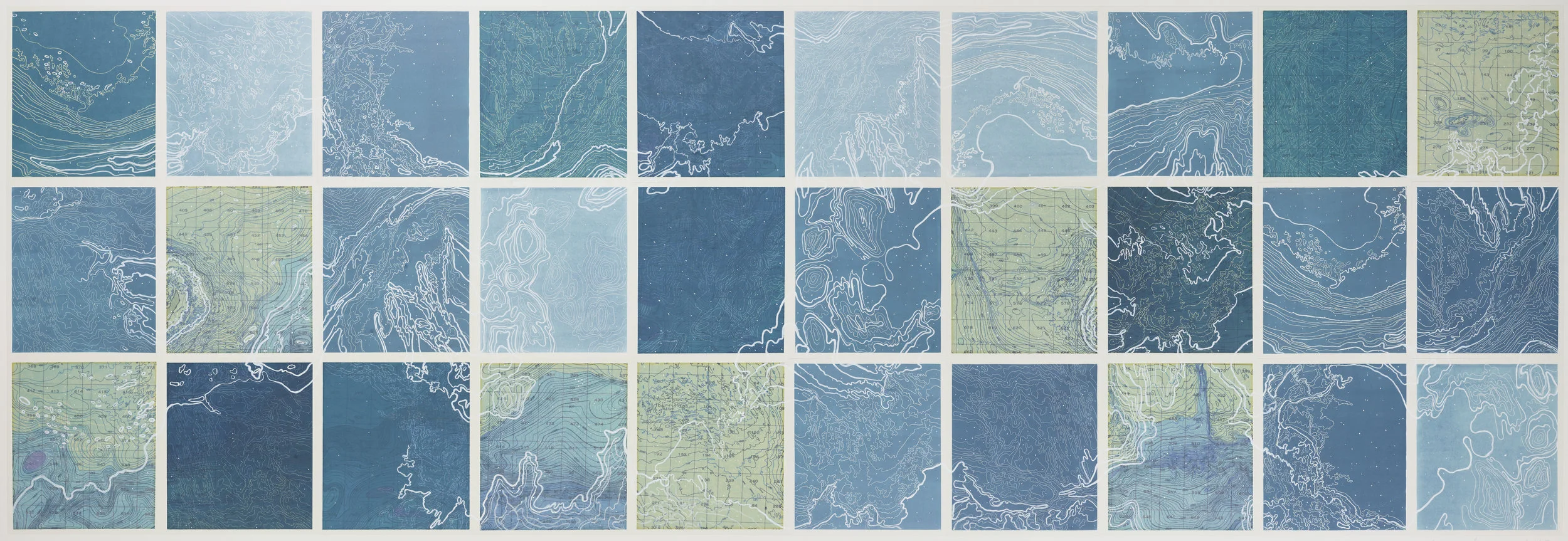 Hyperborean Sea, 2 017 Line etching, relief roll, ghost print, digital map on kozo-shi, paint 40” X 115"