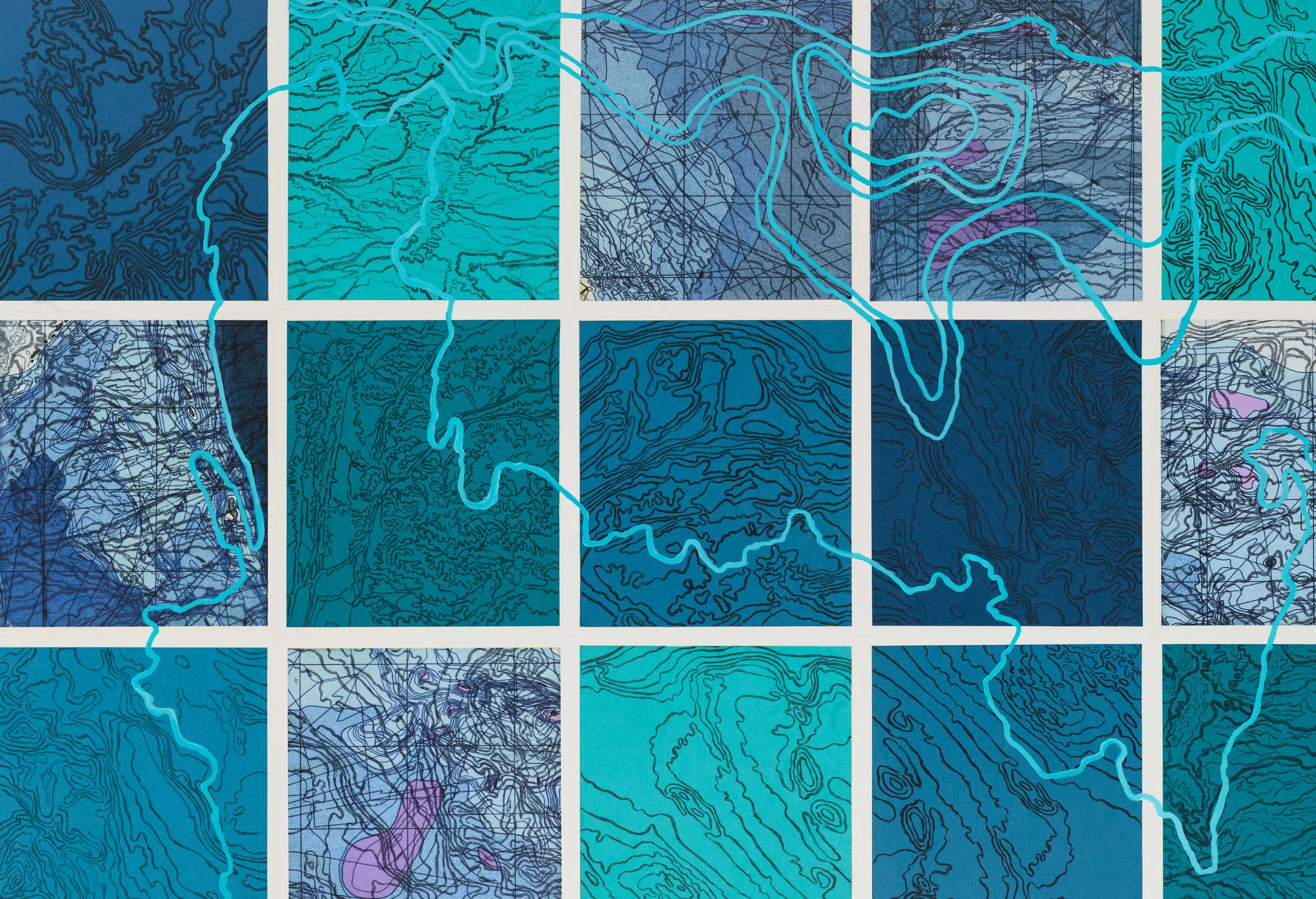 Aqua Lucayan, 2 017 Detail - intaglio sugar lift, line etching, ghost print, digital map on kozo-shi, paint and chine-collé