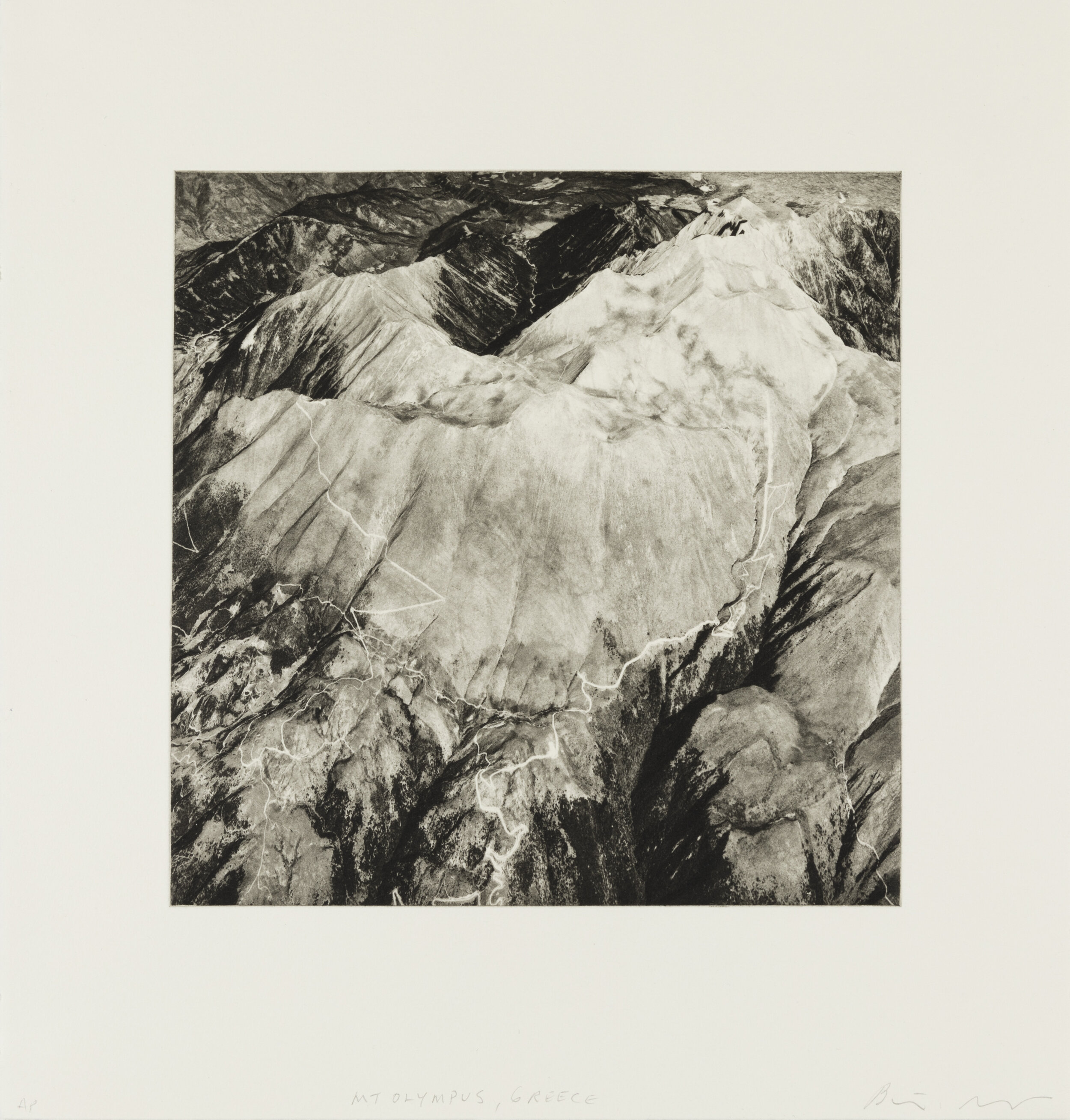    Mount Olympus, Greece, 2020   Copperplate photogravure etching on cotton rag paper, plate size; 10.6” x 10.6”, paper size; 16” x 15.5”, edition 10  