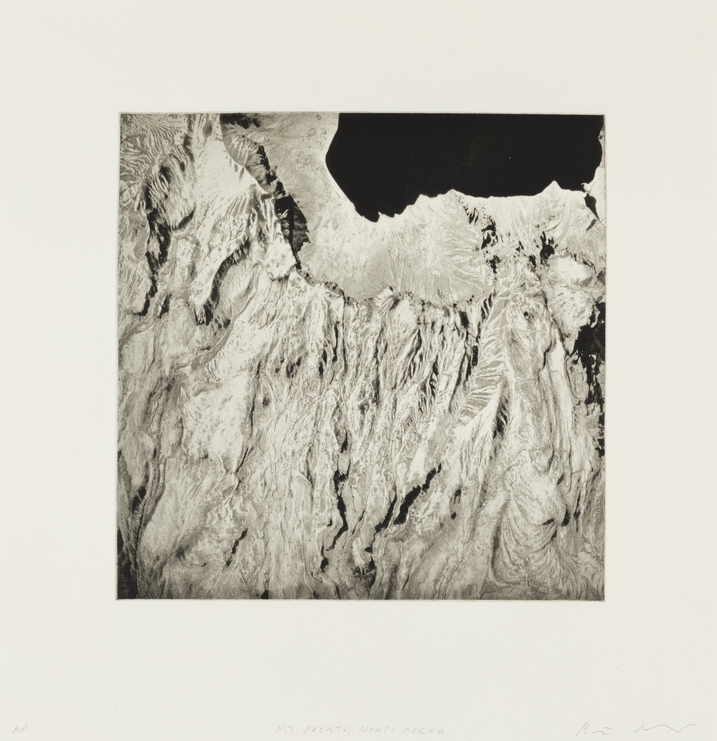    Mount Paektu, North Korea, 2020     Copperplate photogravure etching on cotton rag paper, plate size; 10.6” x 10.6”, paper size; 16” x 15.5”, edition 10   