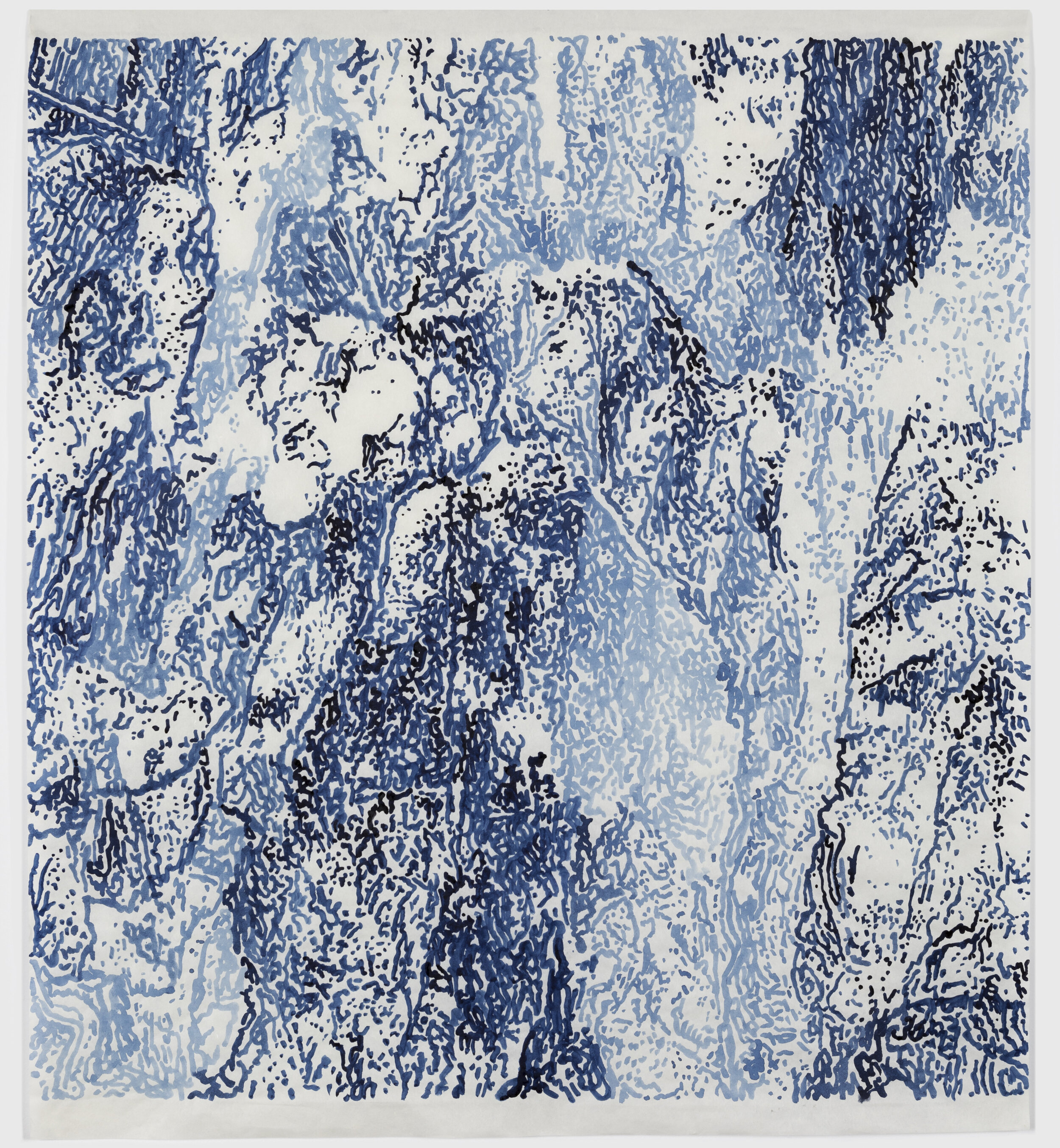    Mt Heng, Shanxi, China,   2019 Indigo ink on Japanese  kozo-shi paper, 38” x 28”  