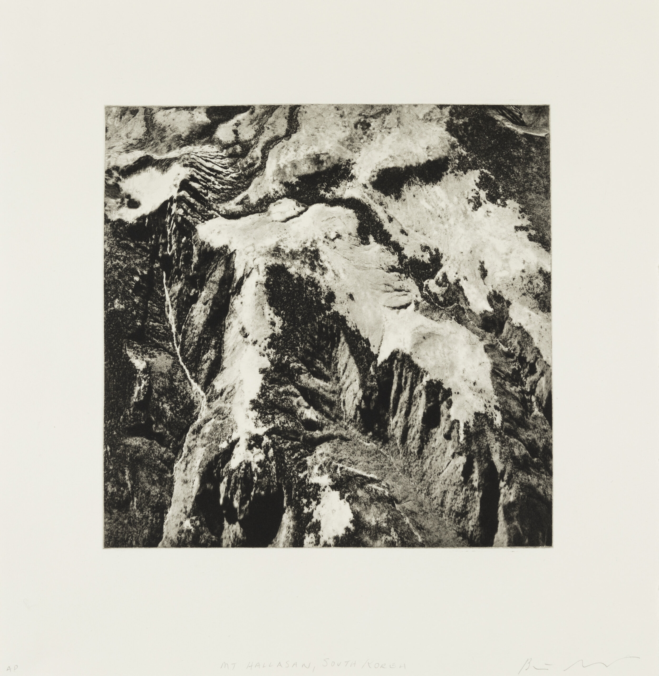    Mount Hallasan, South Korea, 2020    Copperplate photogravure etching on cotton rag paper, plate size; 10.6 x 10.6, paper size; 16 x 15.5, edition 10  