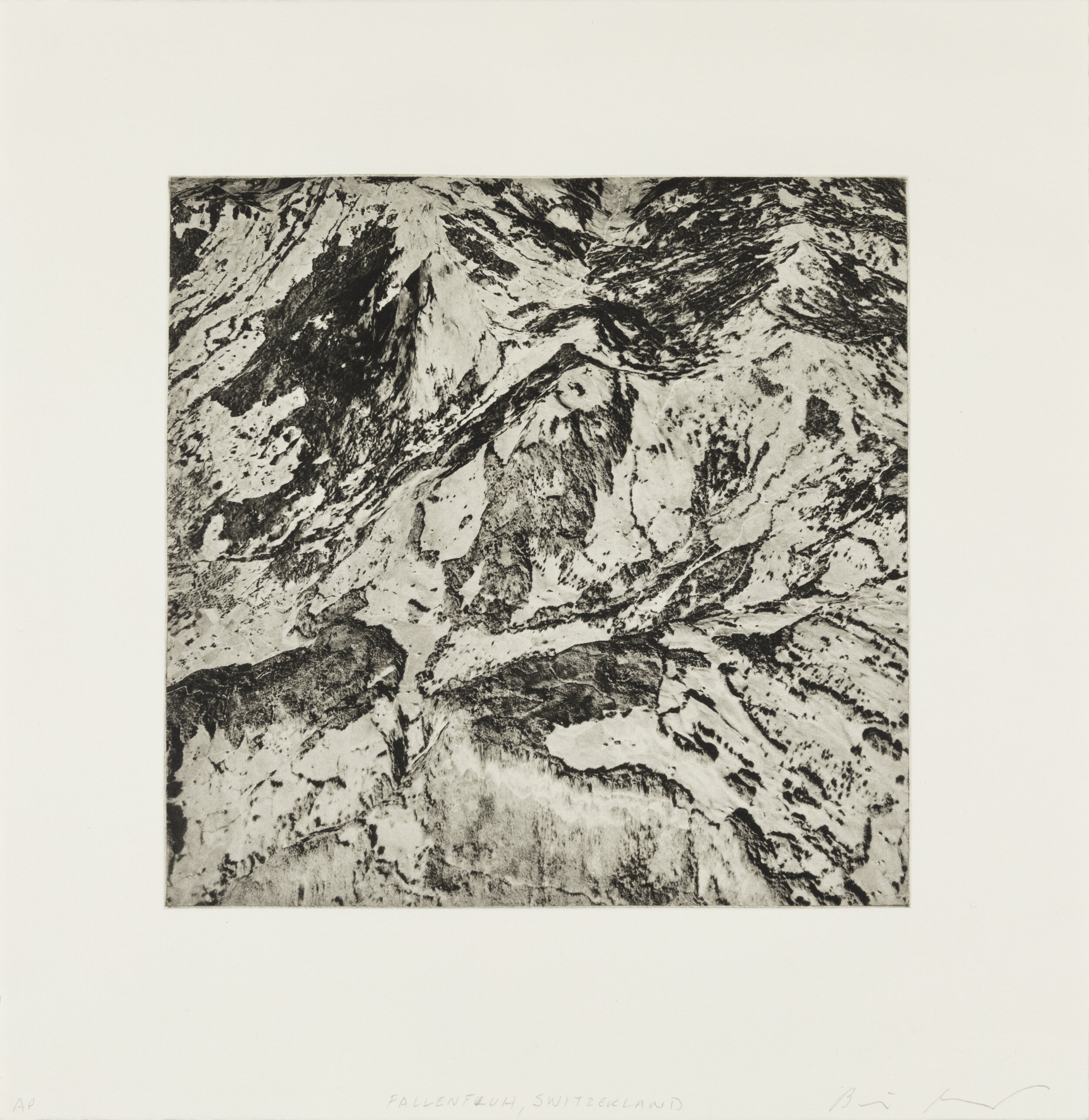    Mount Fallenfluh, Switzerland, 2020   Copperplate photogravure etching on cotton rag paper, plate size; 10.6” x 10.6”, paper size; 16” x 15.5”, edition 10  