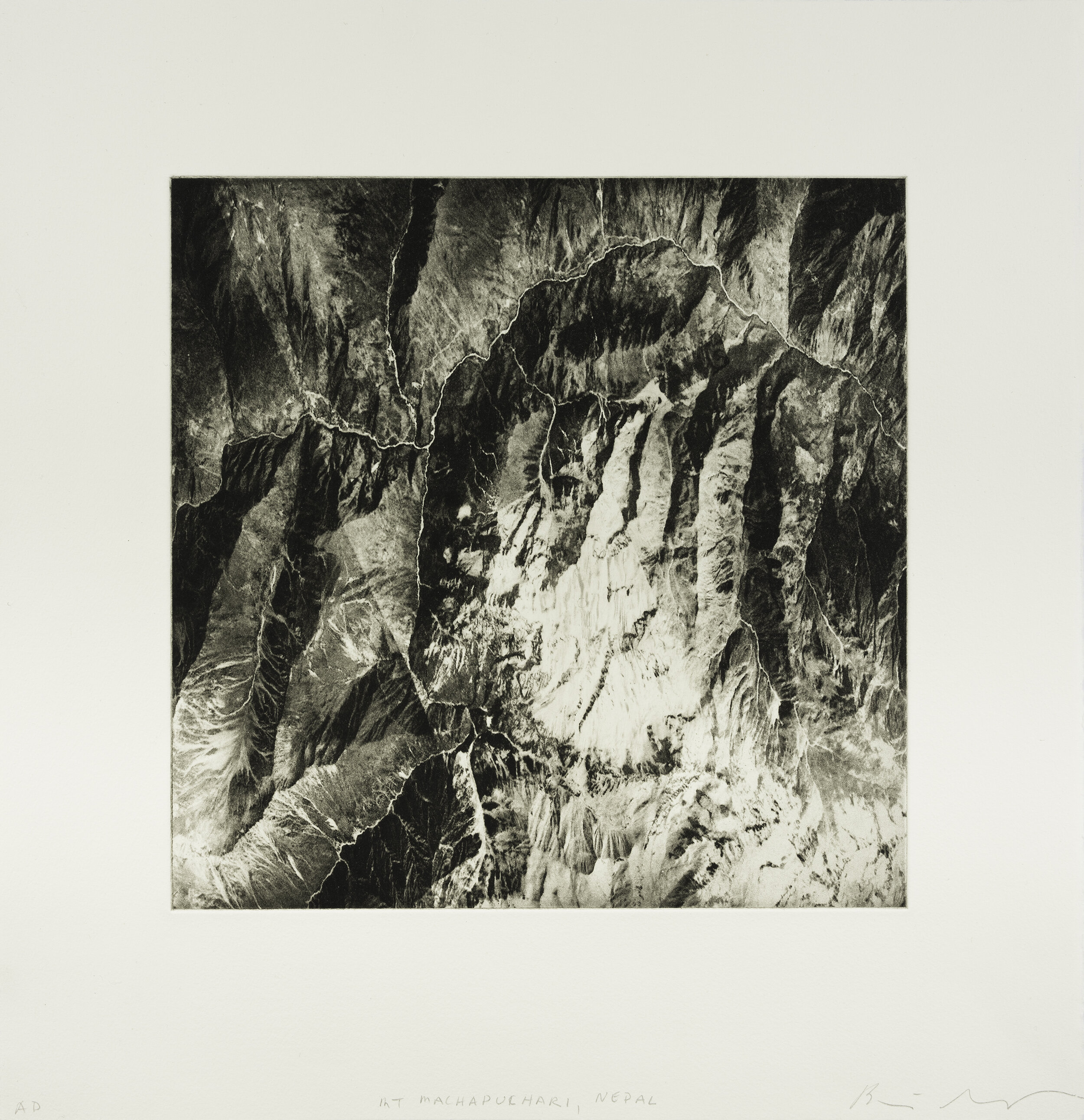    Mount Machapuchari, Nepal, 2019     Copperplate photogravure etching on cotton rag paper, plate size; 10.6” x 10.6”, paper size; 16” x 15.5”, edition 10  