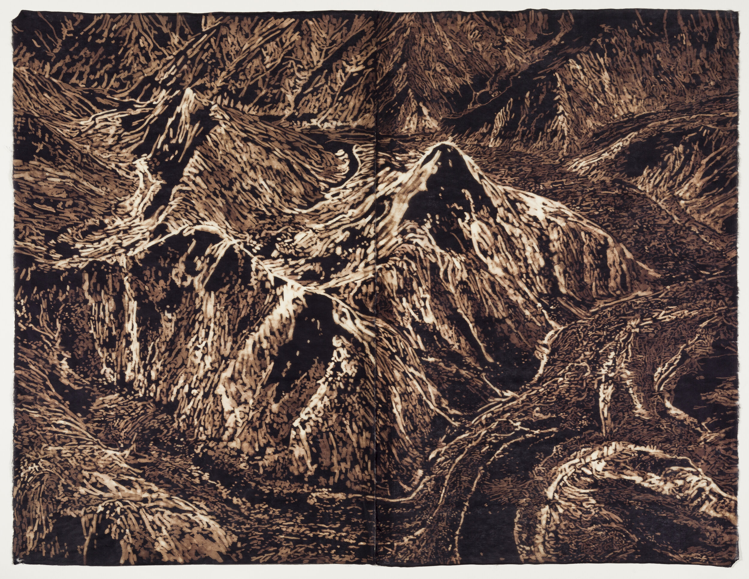    Mount Meru, India ,  2021  Bleach on black kozo,  39 “ x  50 ” 