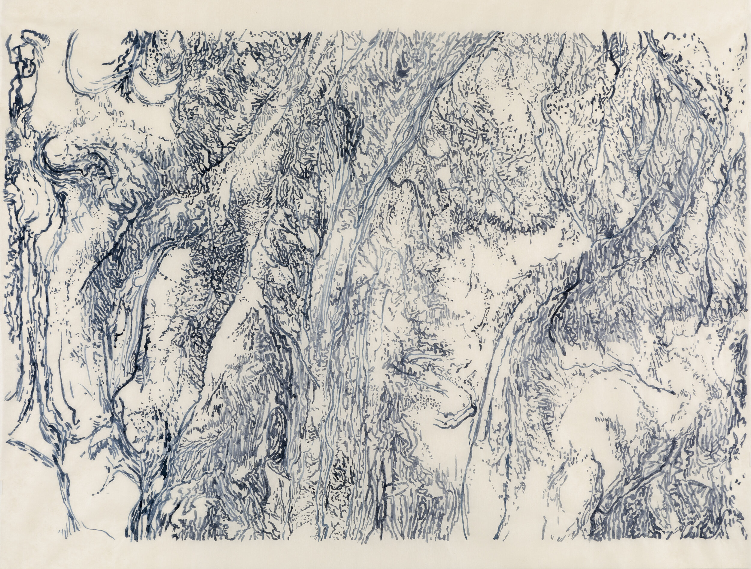    Mount Machapuchari, view 6, 2019   Grey blue ink on kozo paper 28” x 38” 