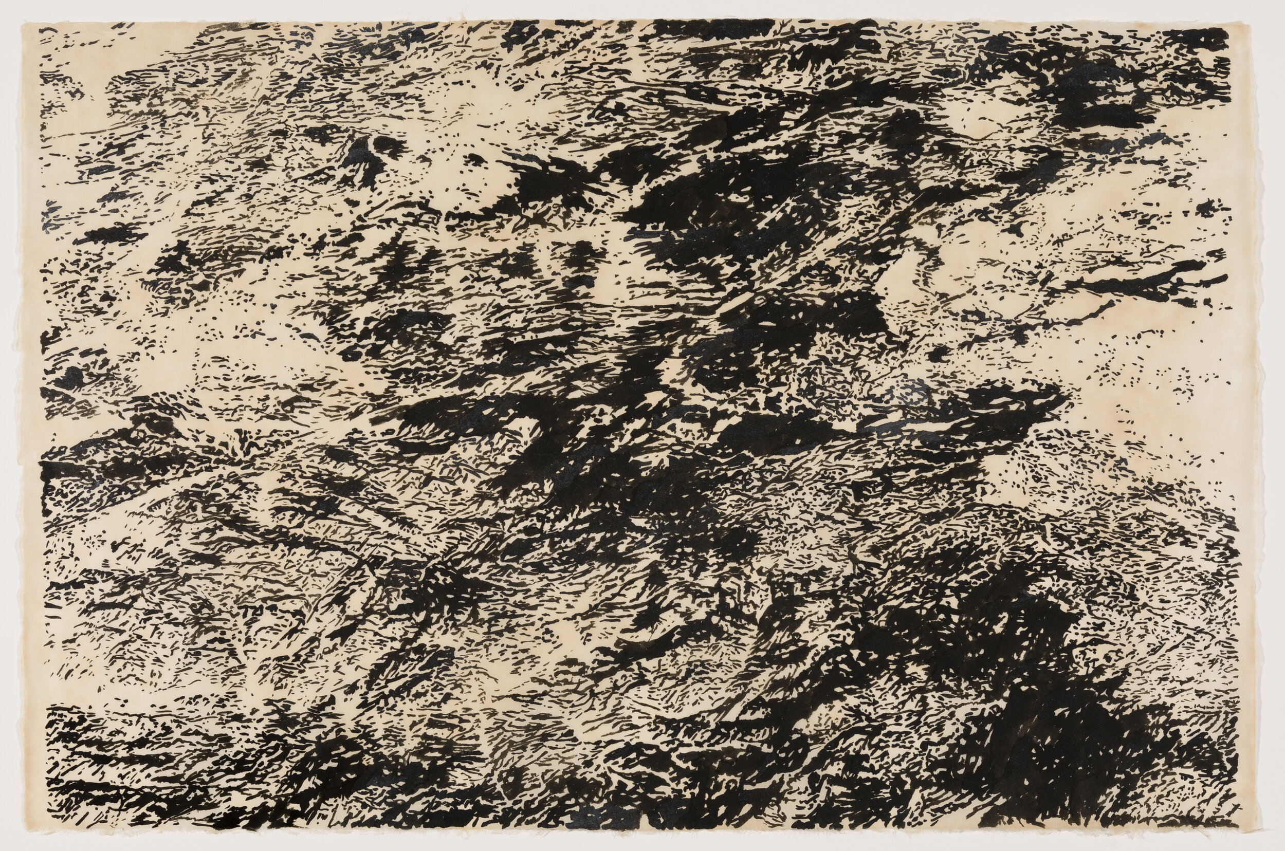    Jabal Thawr 1, Saudi Arabia, 2019   Sumi ink with silver on persimmon dyed kozo paper 25” x 38”  