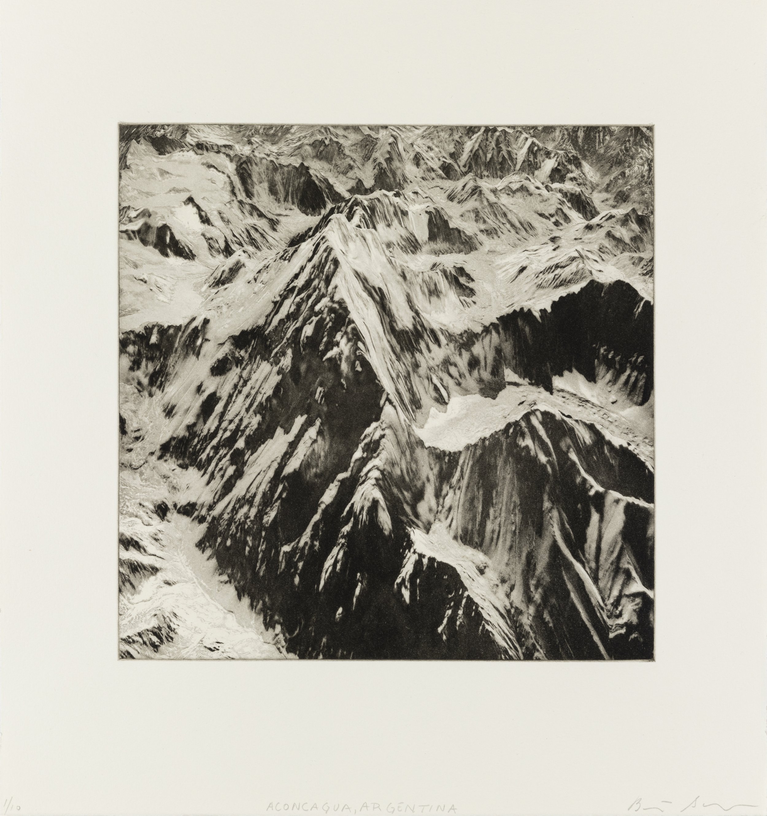    Anconcagua, Argentina, 2021    Copperplate photogravure etching on cotton rag paper, plate size; 10.6 x 10.6, paper size; 16 x 15.5, edition 10  