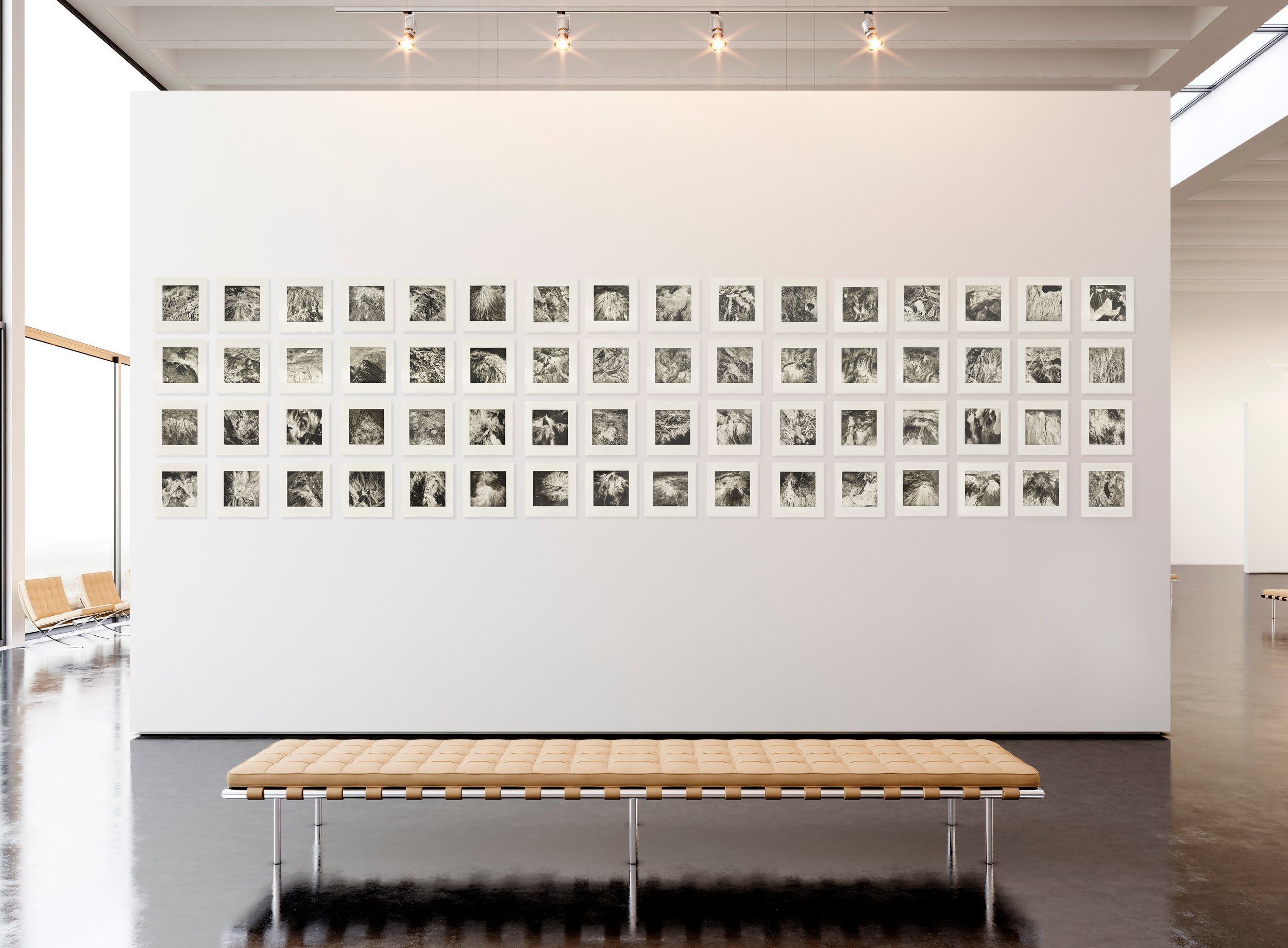    Axis Mundi Gravure Grid, 2022   Overall installation: 264” x 68”, 64 - Copperplate photogravure etchings on cotton rag paper. Each print; plate size 10.6” x 10.6”, paper size, 16” x 15.5” 