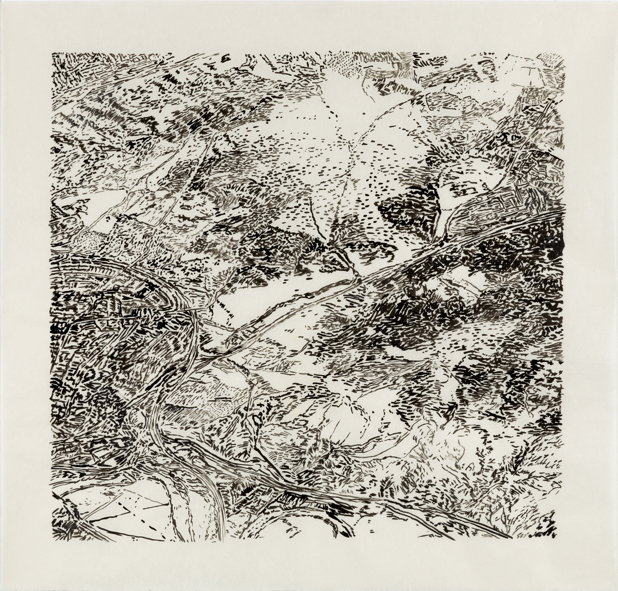    View of Toledo V1,  2023,   Sumi ink with silver on kozo, image size: 24” x 25.625”, paper size: 30.25” x 30.625” 