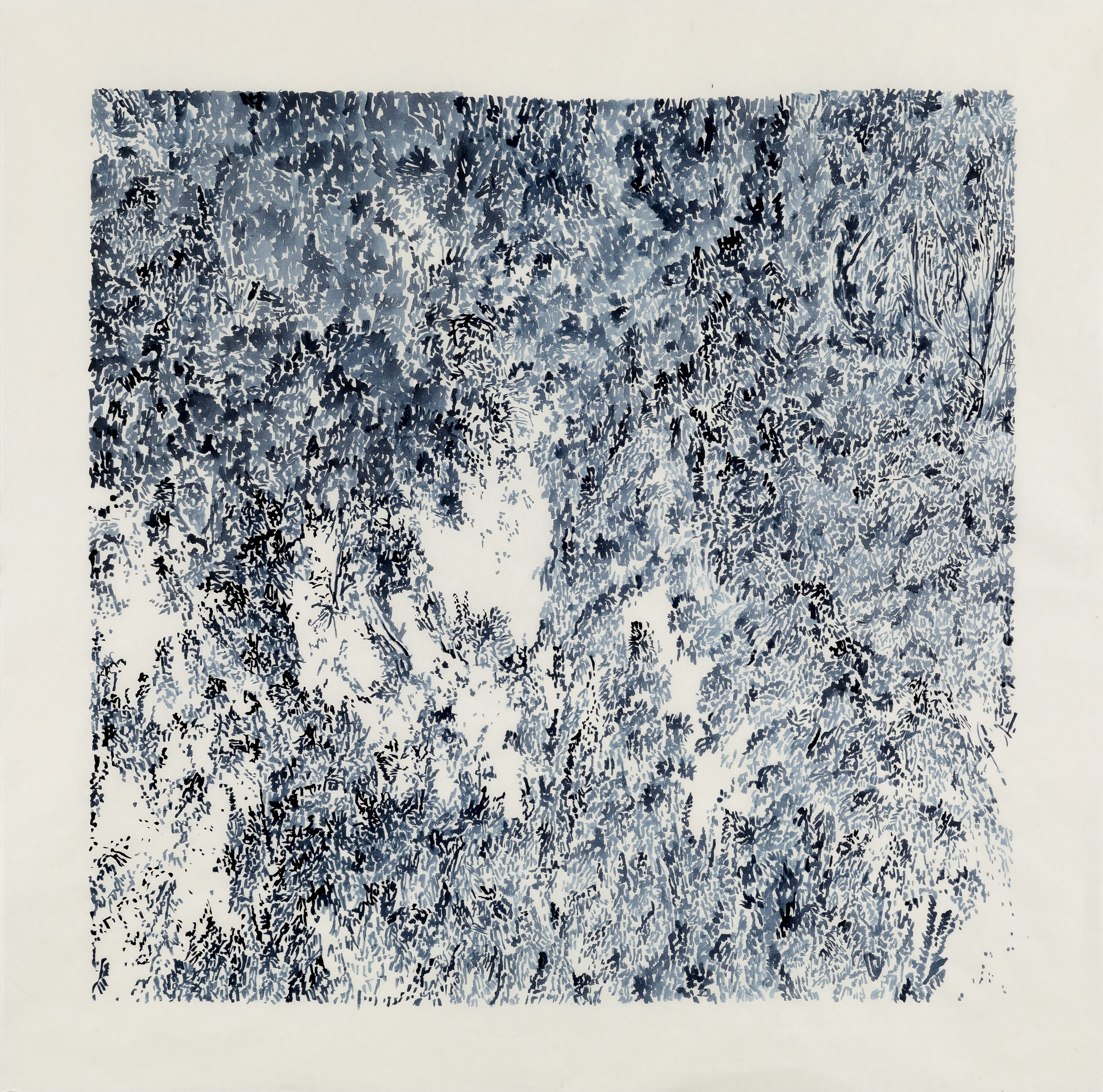    Segovia V1, 2023,   Japanese indigo ink on kozo, 25” x 25.5”, image size; 30.625” x 30.625”, paper size 