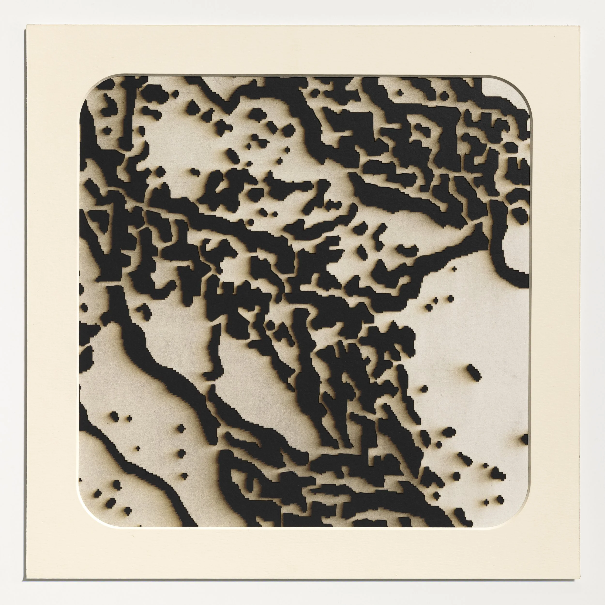 Laser Drawing 1, 2025 Laser cut Chinese rice paper in window mat with black mat board backing 15” x 15” Unique