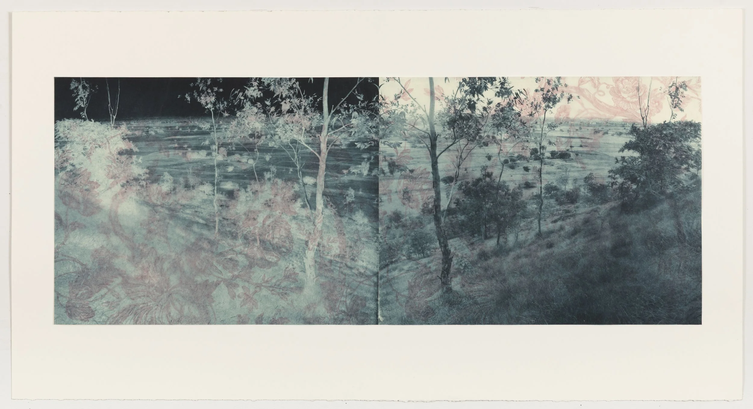    Blue Willow Diptych 3   2006, Photogravure on kozo layered over vintage wallpaper, 15” x 39”, unique 