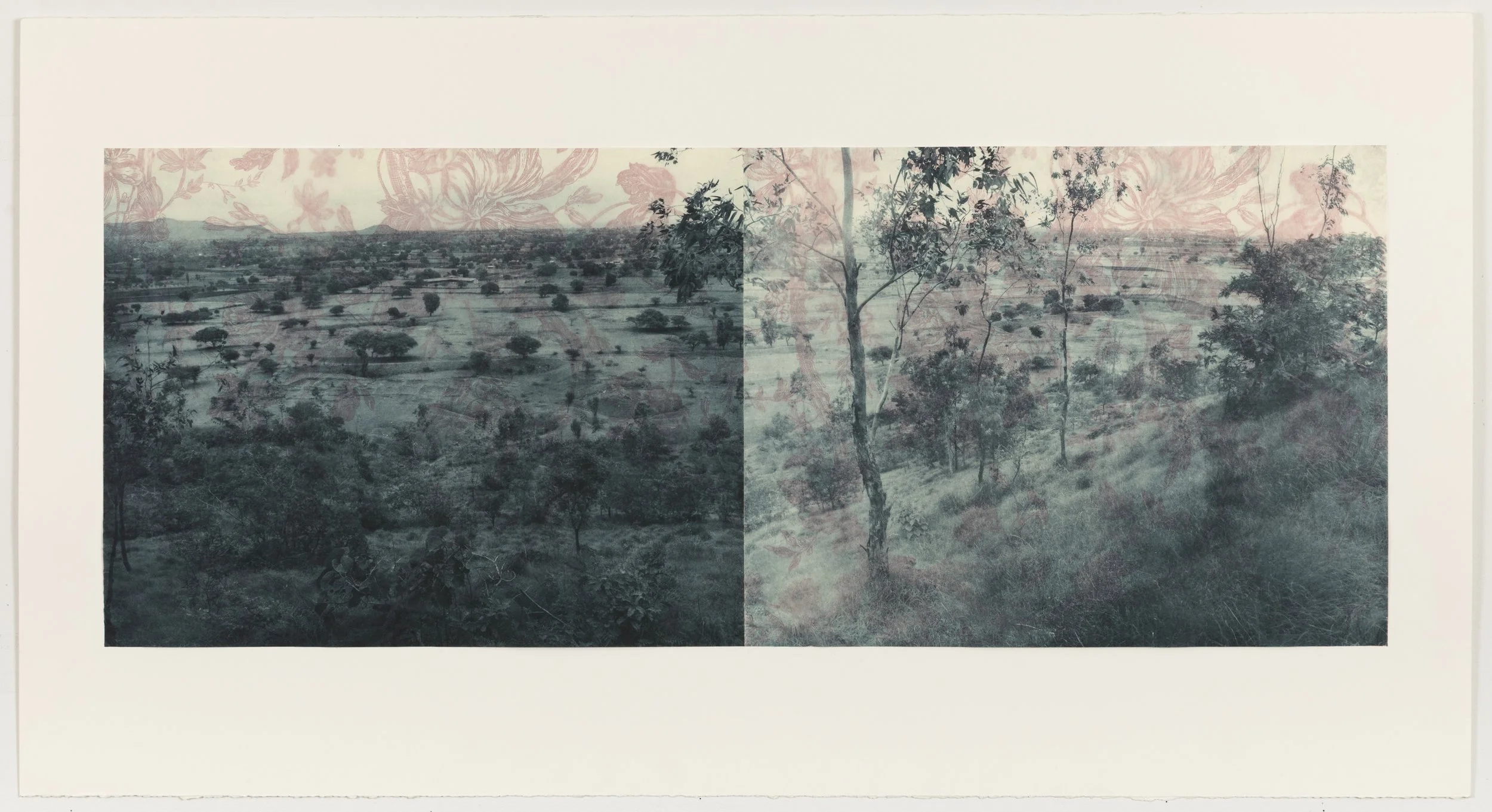    Blue Willow Diptych 4,   2006, Photogravure on kozo layered over vintage wallpaper, 15” x 39”, unique 