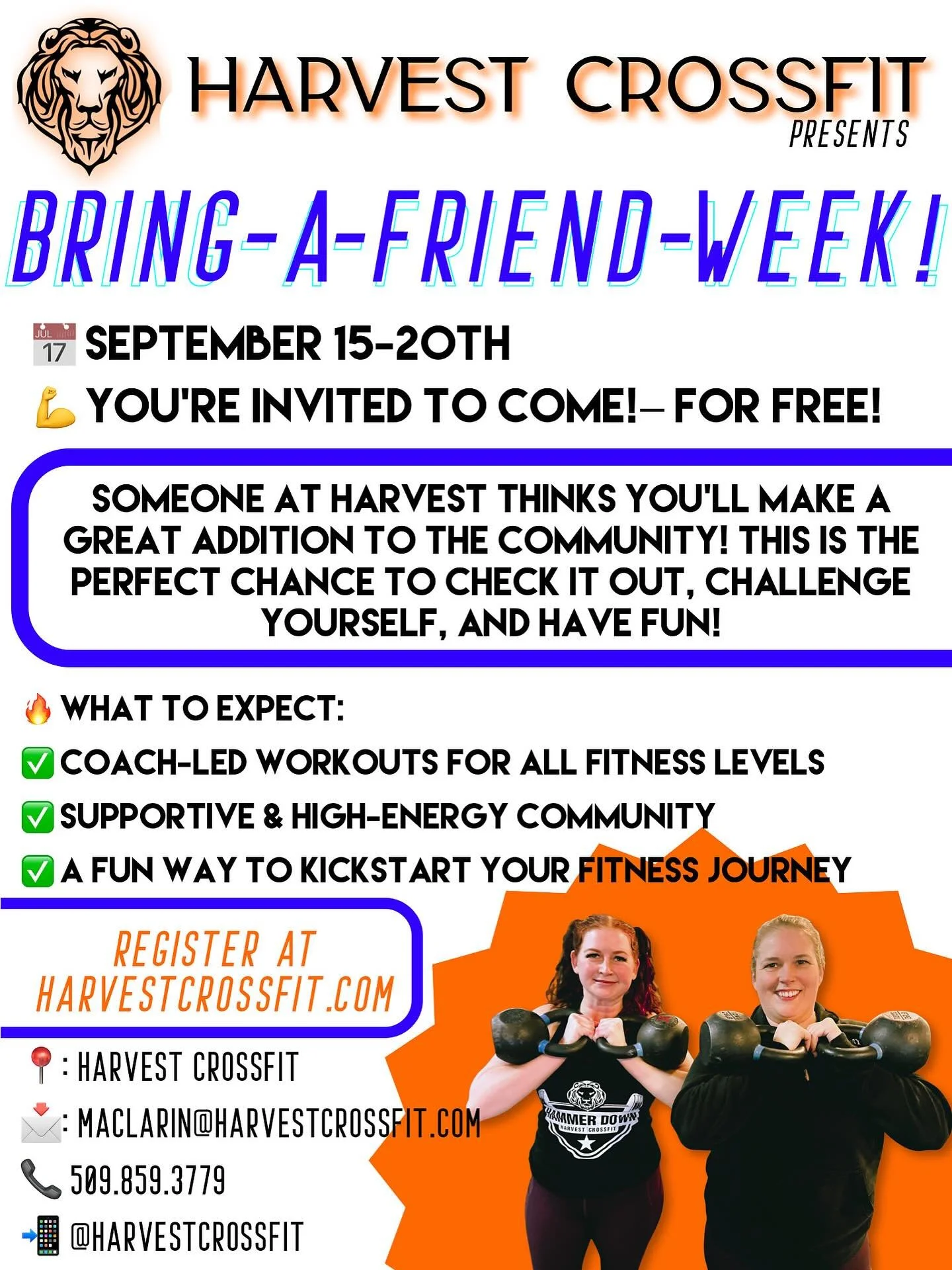 Next Week! bring your friend to Harvest all week! Register at HarvestCrossFit.com!