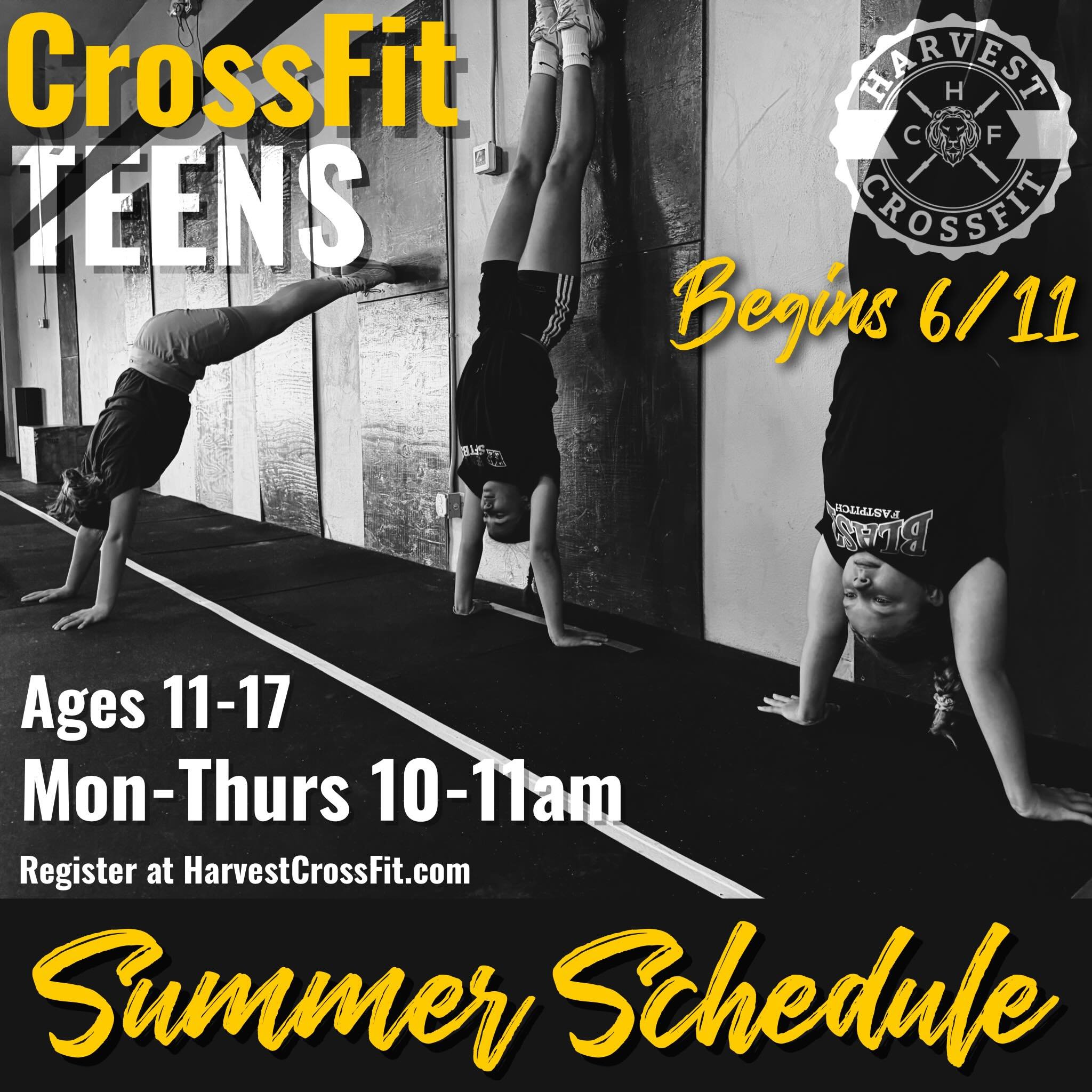 Teens CrossFit switches to 10am on 6/11 for SUMMERTIME ☀️
Register at HarvestCrossFit.com!