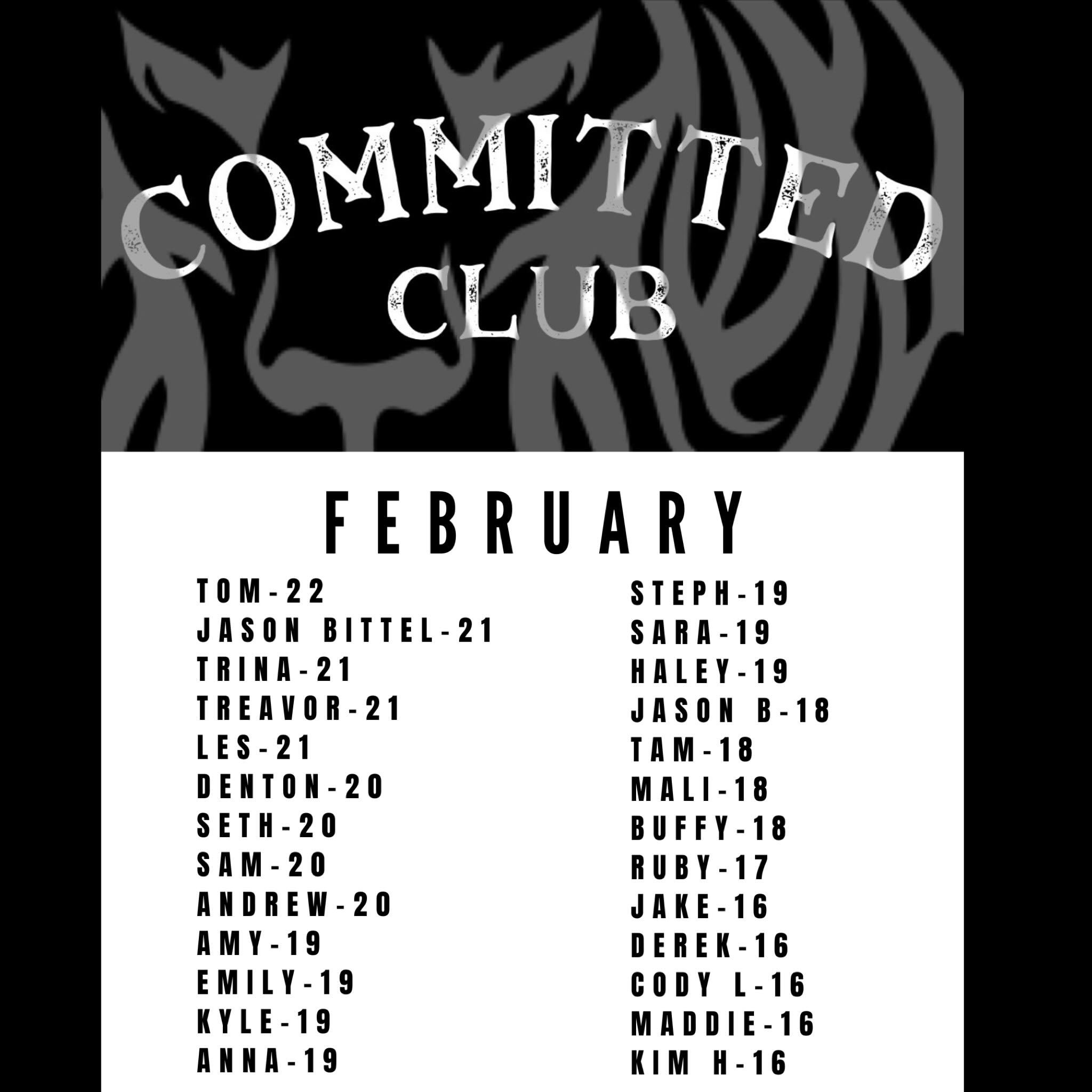 The 2026 CrossFit Open kicked off a wild ride at Harvest, so this week, we&rsquo;re getting caught up on Committed Club! 🌟 
Congratulations to the February Committed Club! These people checked in at least 16 times in February! If you would like to b