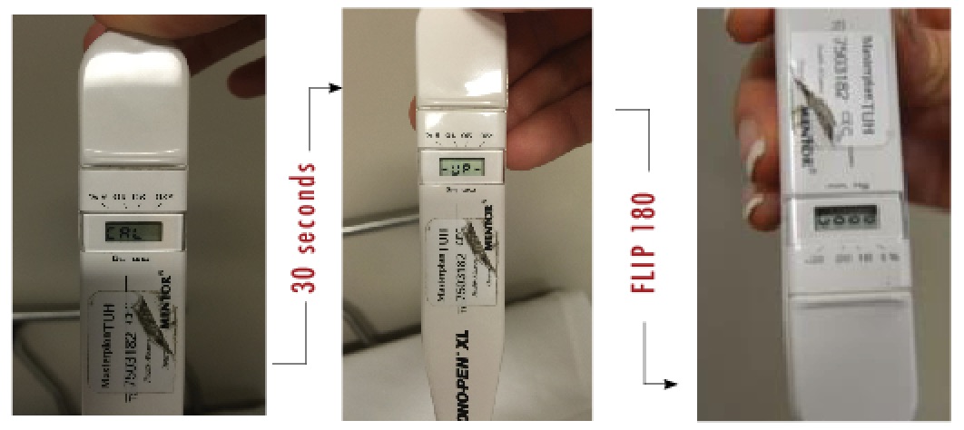 The steps required for proper calibration of the tonopen. If after completing this sequence the tonopen reads "Bad" instead of "GOOD", as shown above, the tonopen requires recalibration. 