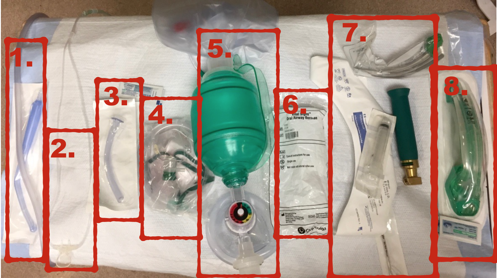 1. Suction 2. ETCO2 monitoring w/ Pre-ox NC at 15LPM, 3. Nasal Trumpet w/ lubricant, 4. NRB, 5. BVM assembled, 6. Oral airway, 7. intubating equipment, 8. Extraglottic device w/ lubricant