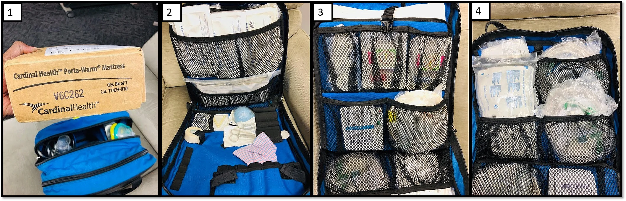 Pediatric Pack: Compartments 1-4 above, start from THE front of the pack and go the the back.