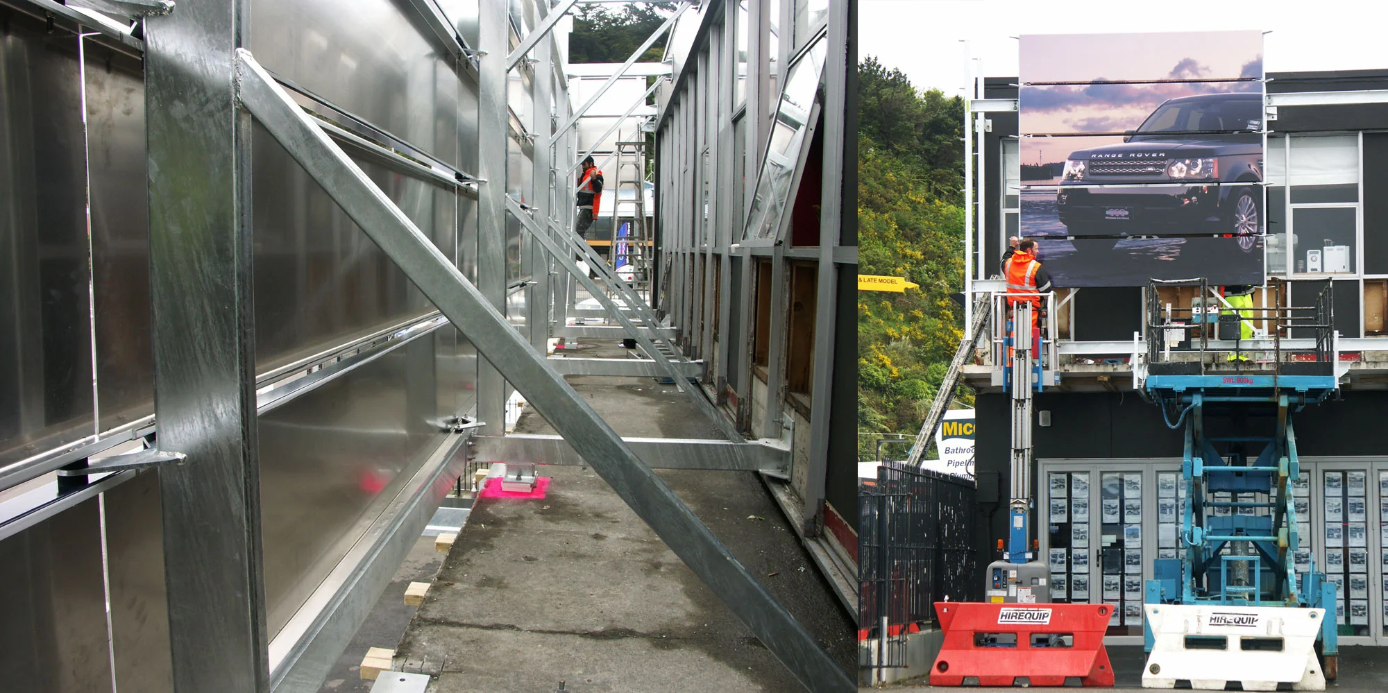 Graphic Screenwall installation. After producing designs &amp; drawings the steel frames were fabricated &amp; installed, large 3m aluminium tray panels with pre-applied digital printed graphics were installed transforming the original look of the building.