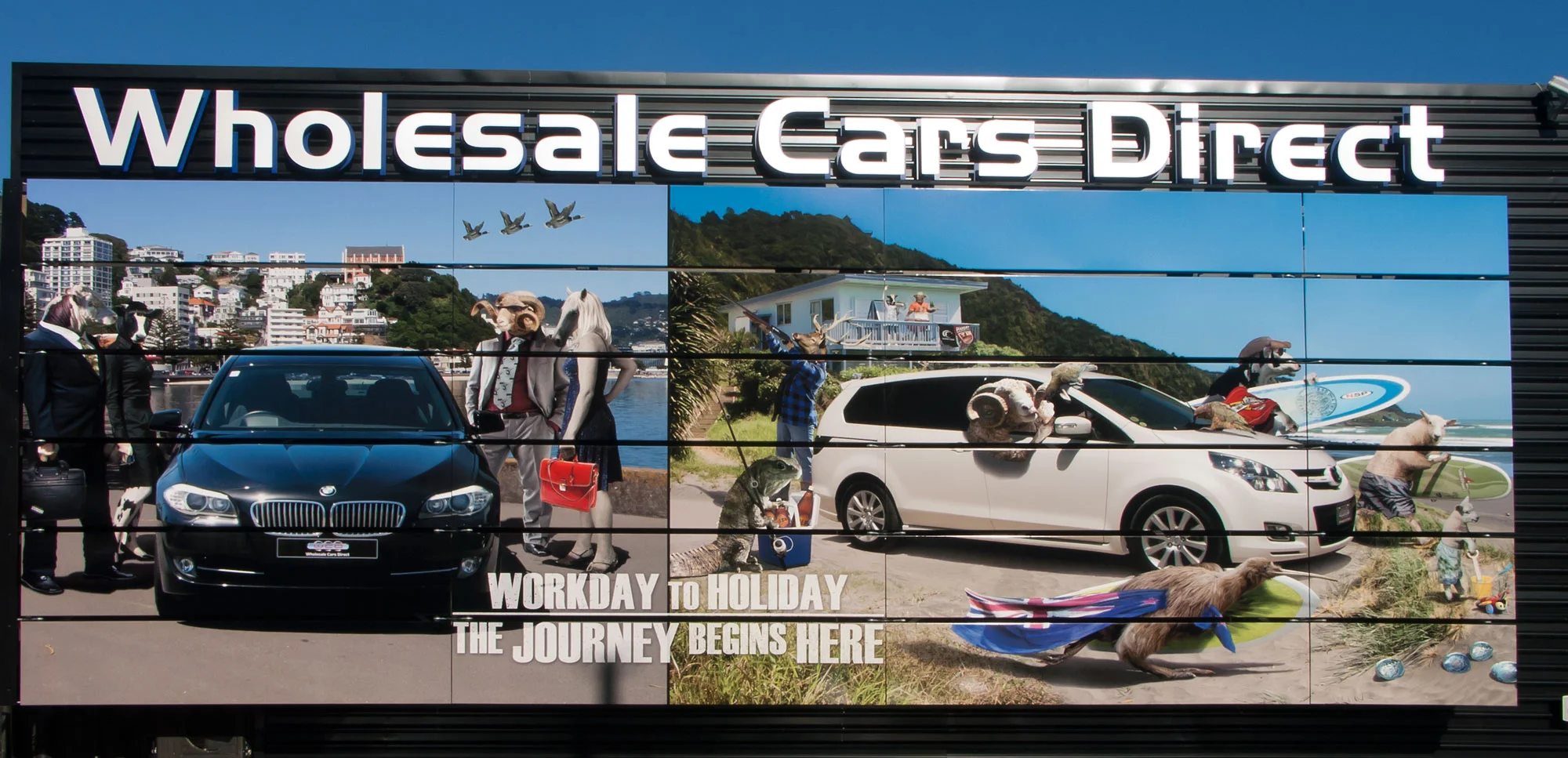 Graphic prints for the sidewall of WCD showroom, here we used more digital magic cropping &amp; blending over 80 photos to create this fun kitch Kiwiana graphic!