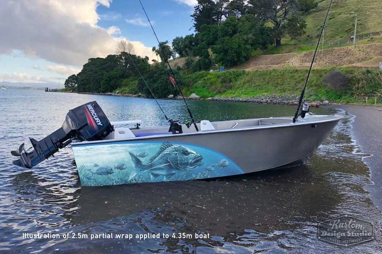 Partial boat graphic wrap, Snapper art 2.5m