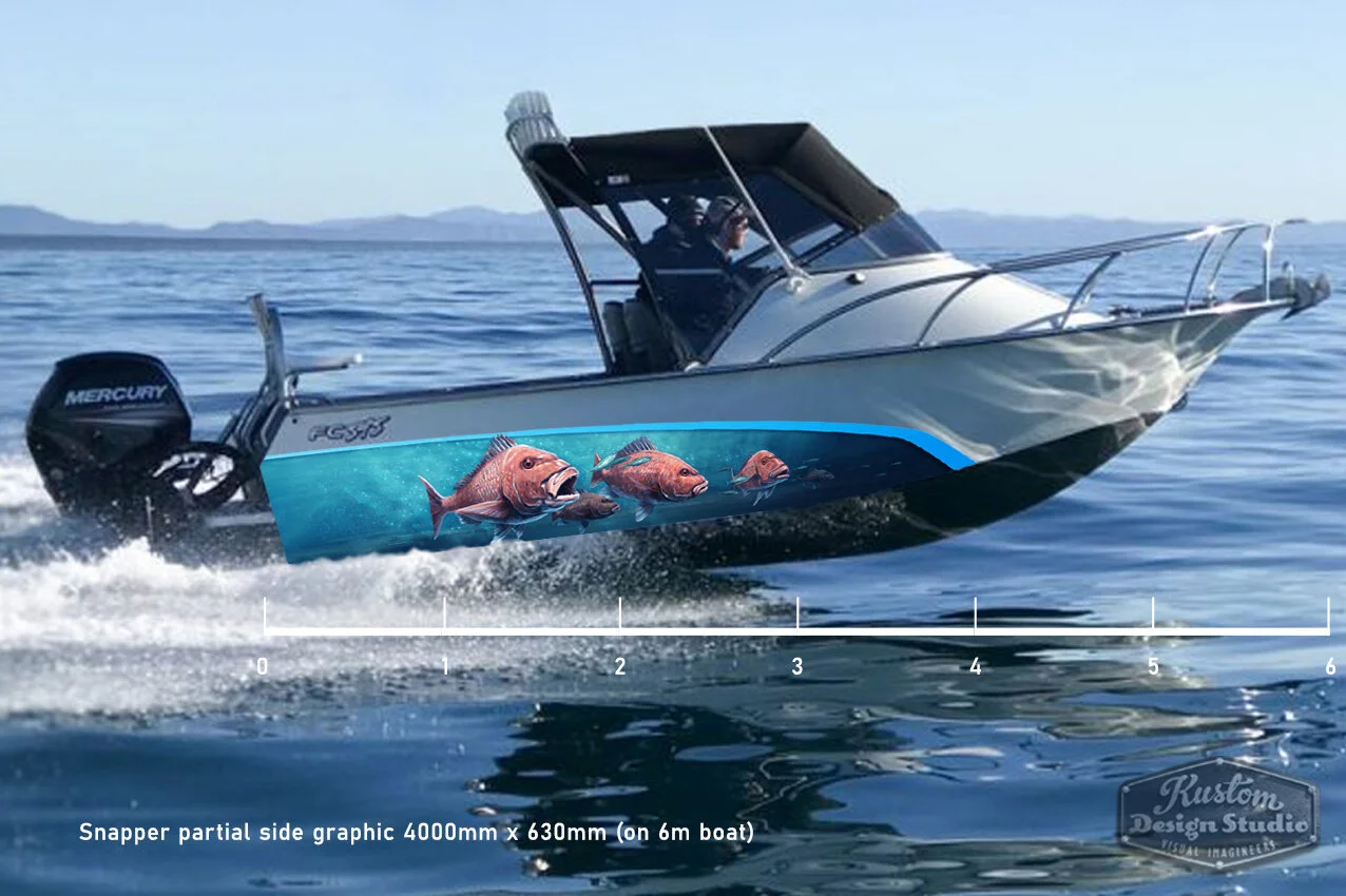 Snapper art partial boat graphic wrap 4000mm x 630mm