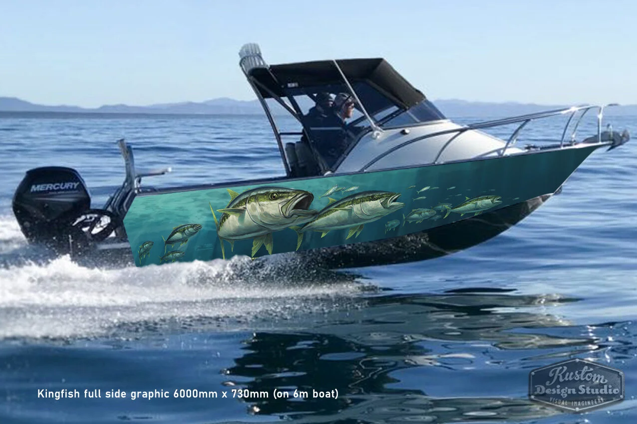 Kingfish art. Full hull sides graphic wrap 6000mm x 730mm