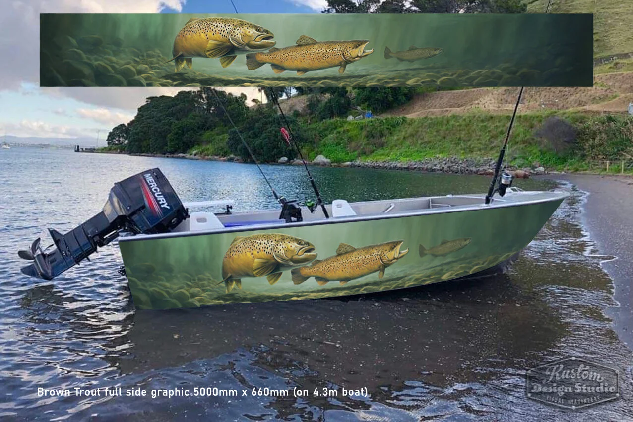 Brown Trout art. Full hull sides graphic wrap 5000mm x 660mm
