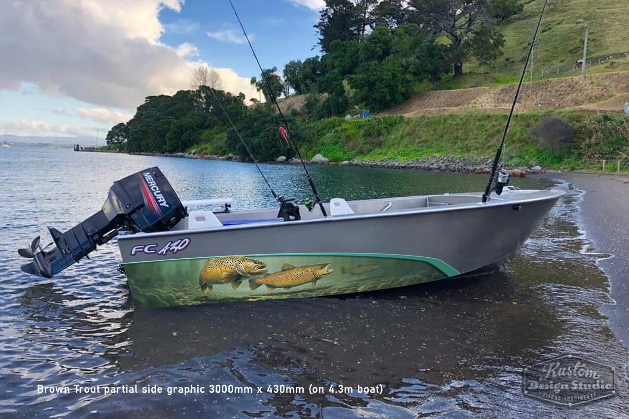 Brown Trout art partial boat graphic wrap 3000mm x 430mm