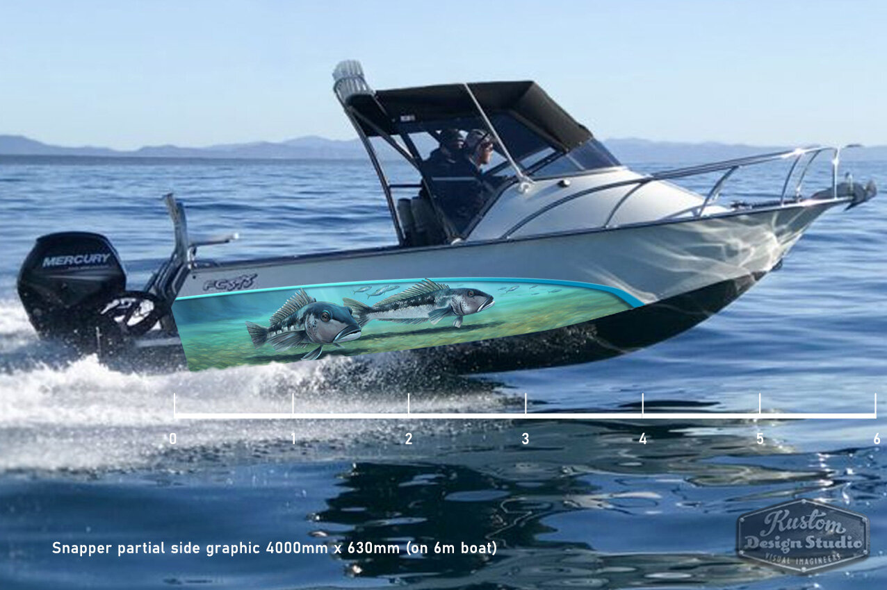 Blue Cod art partial boat graphic wrap 4000mm x 630mm