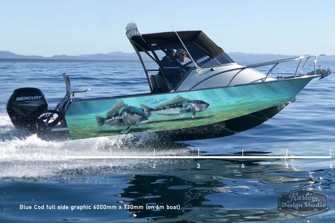 Blue Cod art. Full hull sides graphic wrap 6000mm x 730mm